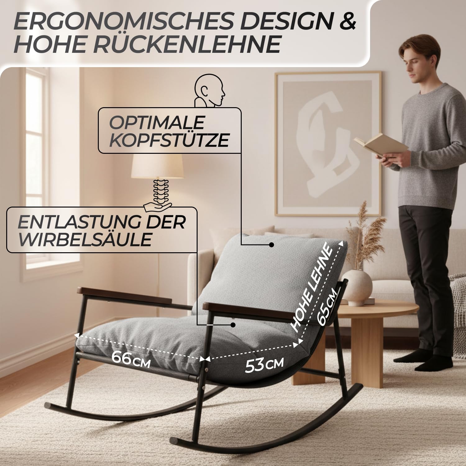 Allyson® Schaukelstuhl & Stillsessel, Cord-Stoff, bis 150 kg, Grau | Geräuschloses Wippen ohne Knarren, hohe Armlehnen entlasten beim Stillen, Schutzstreifen schonen Boden & dämpfen Geräusche
