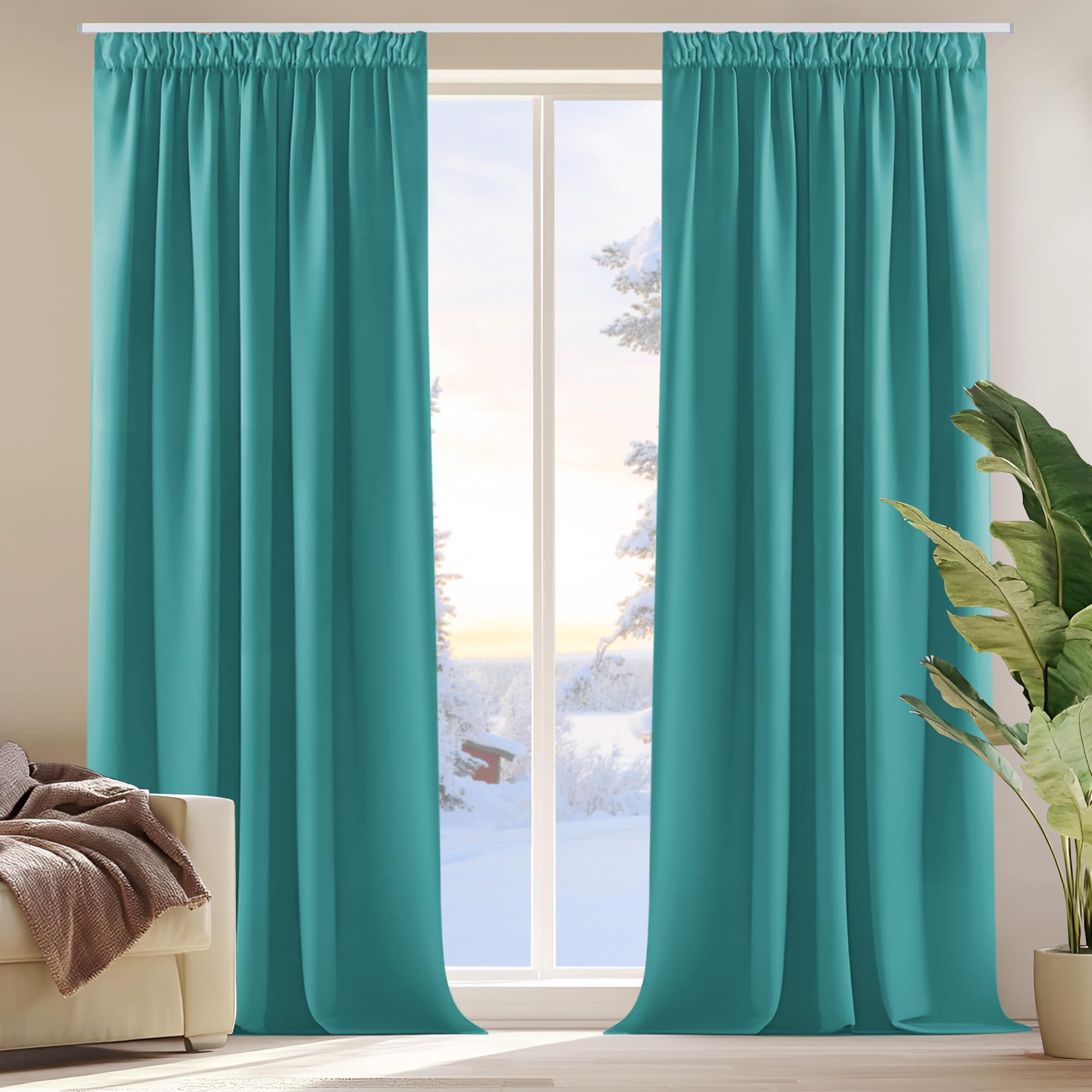 Deconovo Cortinas Opacas para Dormitorio Salon para Ganchos o Pase por la Barra, Cortinas Térmicas Aislantes Frio y Calor 2 Piezas, 132x160 cm, Turquesa