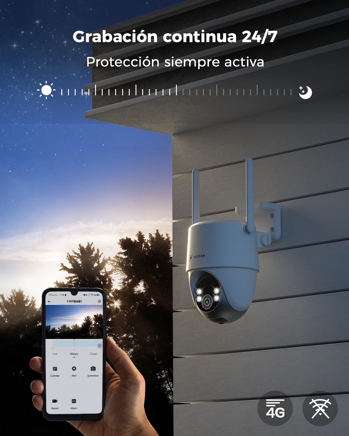 COCOCAM 24/7 Grabación AOV 4G LTE Camara Vigilancia Exterior Solar Sin WiFi, 15000mAh Batería 8W Panel Solar, 2K PTZ, Detección IA, Seguimiento IA, Visión Nocturna 30 Metros, eSIM Incluida (NO WiFi)