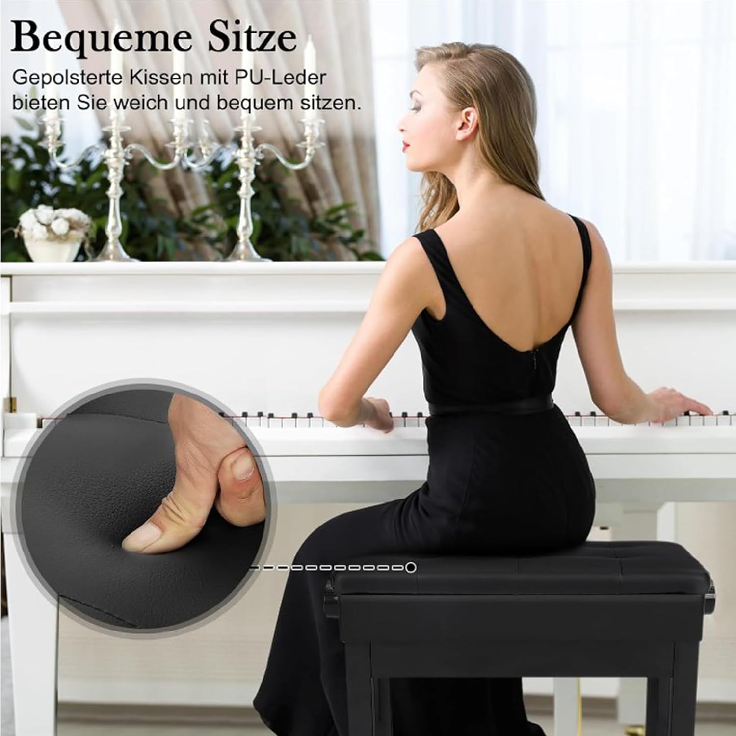 Klavierbank Klavierhocker Höhenverstellbar Mit PU Leder Gepolsterter Höhenverstellbarer Hocker Sitz Kissen Stauraum Taste Ablagefach Hocker Schwarz 56 x 33.5 x 58CM