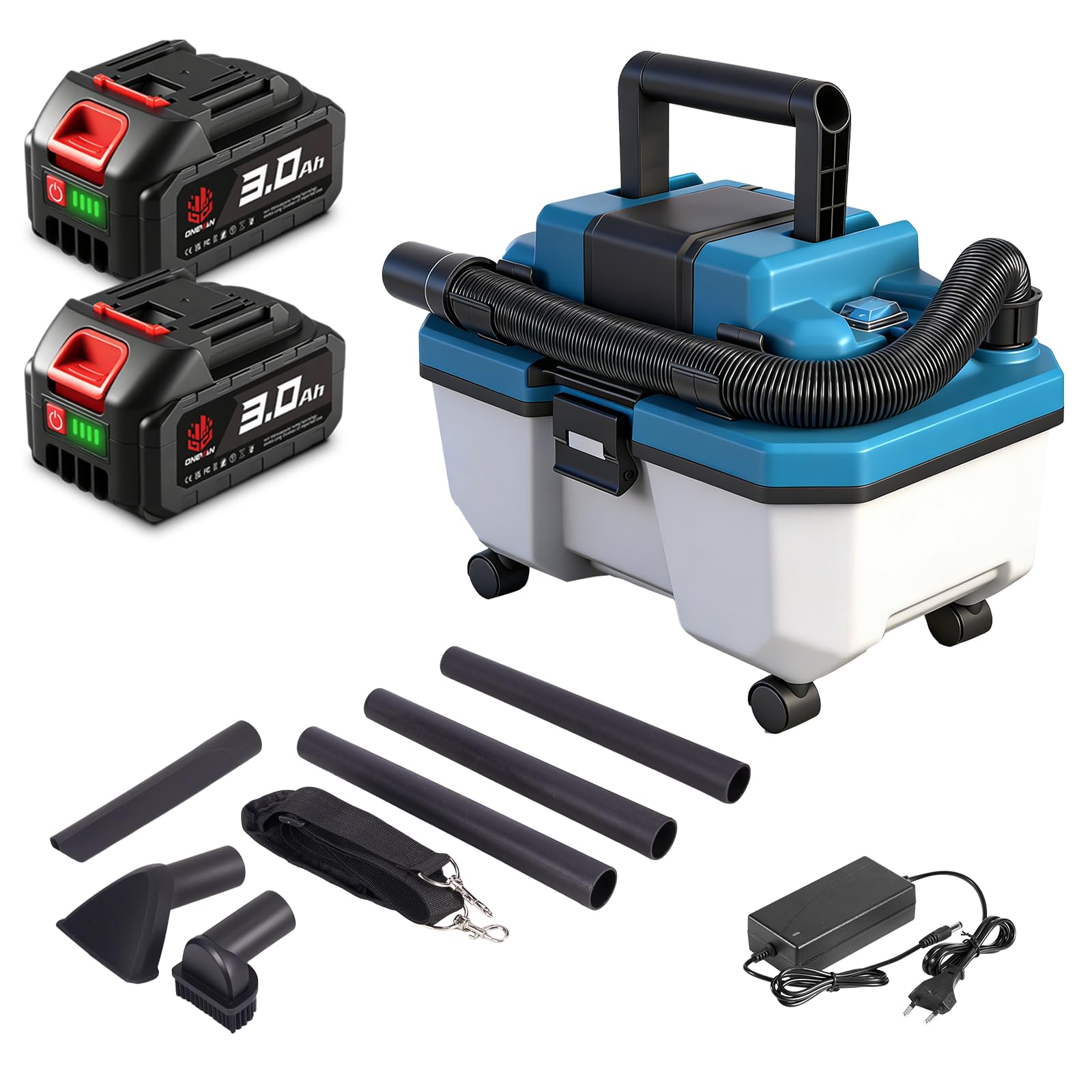 ONEVAN Aspirateur Eau et Poussière sans Fil 20V, Moteur Sans Balais 300W, 2-en-1 Aspirateur d'Atelier 10L, 22KPa, avec 2x3.0Ah Batteries, 3 Rallonges et Buses, Aspirateur Industriel Portable pour Cope