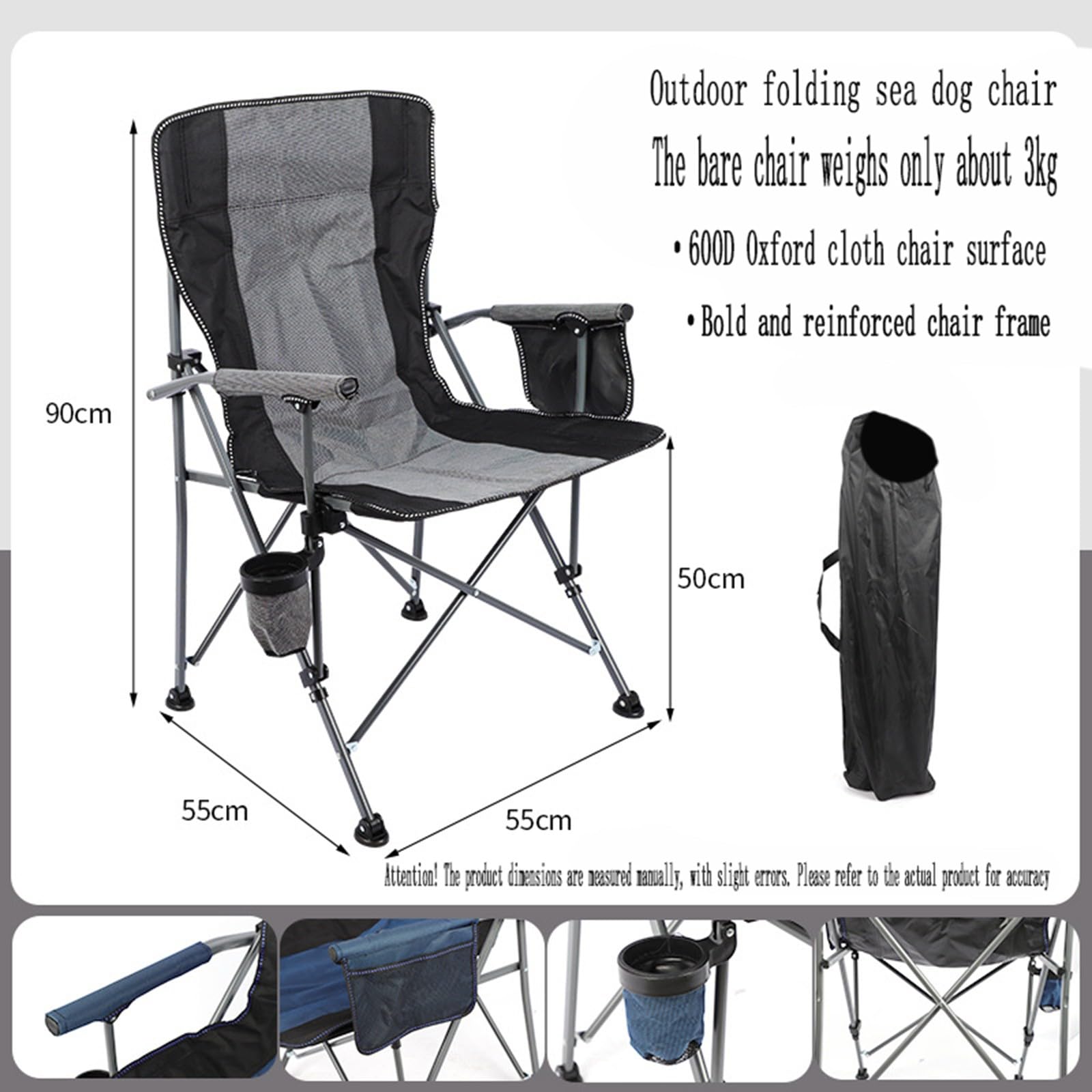 Chaise de Camping Pliable Surdimensionnée Portable avec Porte Gobelets et Accoudoirs Cadre Stable pour Extérieur Intérieur Camping Pêche Couleur Noir Gris D