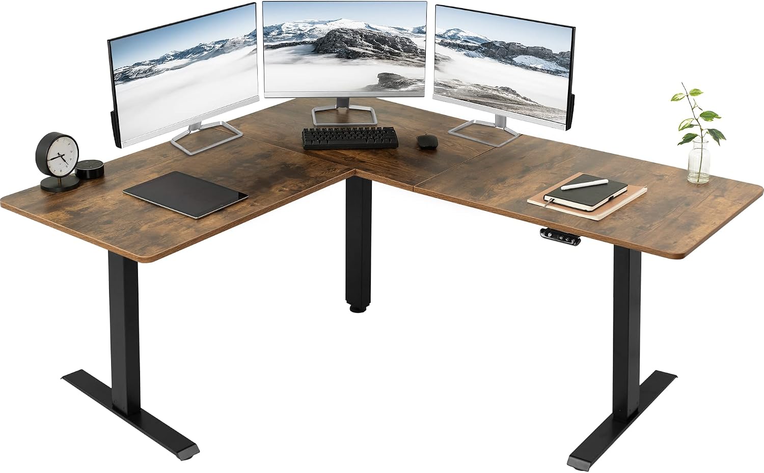 VIVO Electric Height Adjustable 63 x 55 inch Corner Stand Up Desk, Rustic Vintage Brown Table Top, Black Frame, L-Shaped Standing Workstation, 3CT Series, DESK-E3CTN
