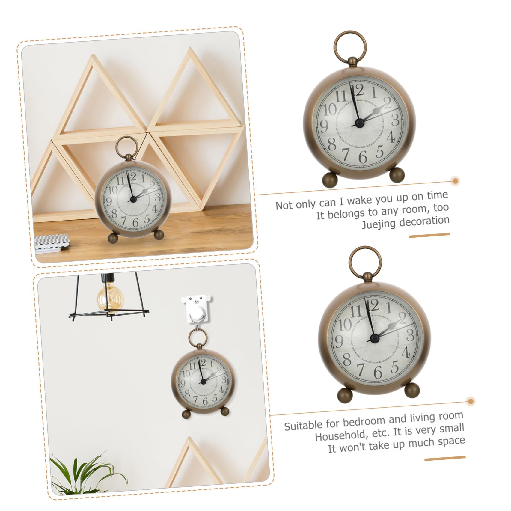 HOMSFOU Sveglia Vintage Luminosa da Tavolo in Metallo Silenziosa senza Ticchettio con Base e Gancio per Camera da Letto, Orologio Muto da Comodino con Design Elegante e Vano Batteria