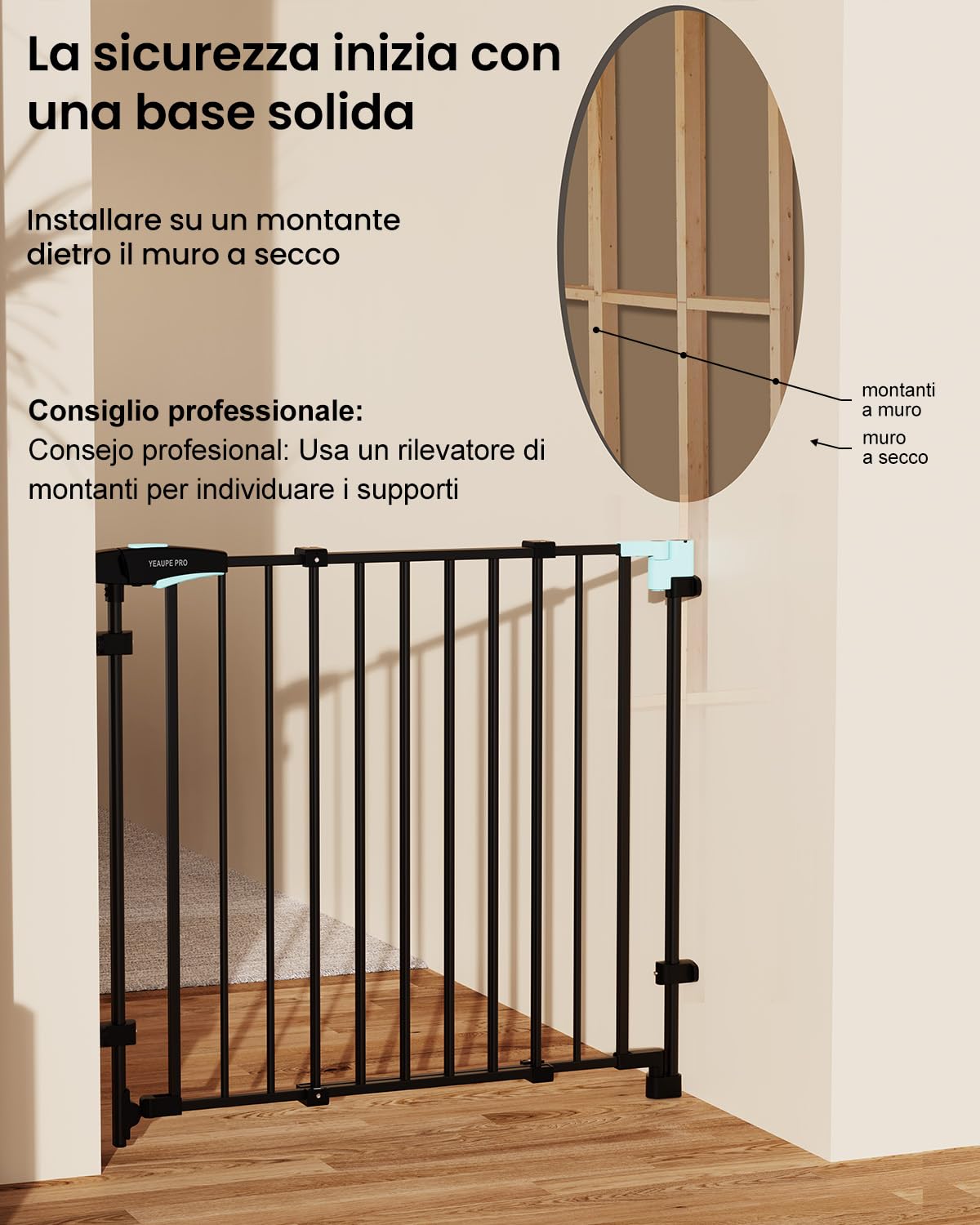YEAUPE PRO Griglia di protezione per scale senza foratura, per bambini, 75 – 110 cm, telescopica, griglia di protezione per scale e porte, griglia di protezione per porte e cani, apertura manuale a 1