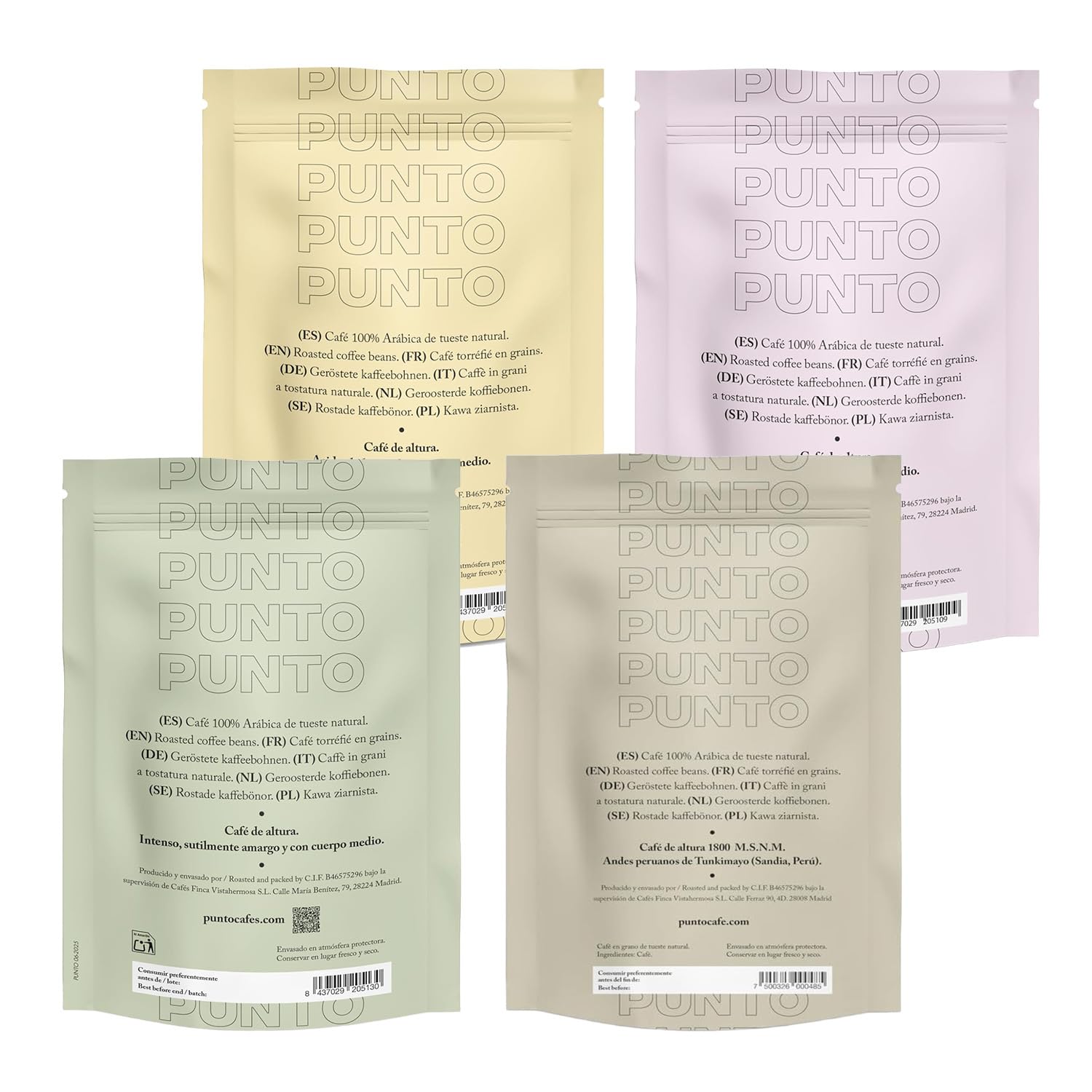 PUNTO - Pack Cafe de Especialidad en Grano 4x250g - Punto BLEND + Perú + Etiopía + Colombia - 100% Arabica - Tueste y Cuerpo Medio - Intensidad 5-7/10