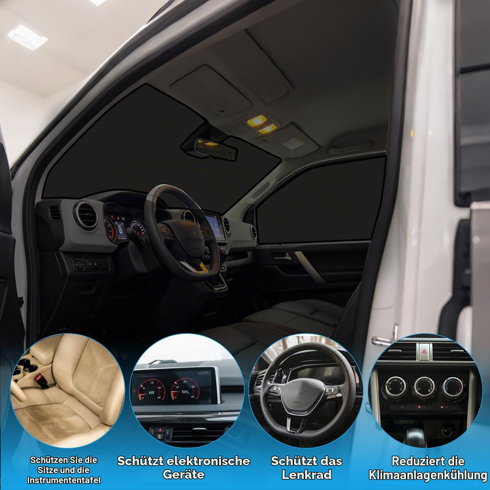 Thermomatte Fahrerhaus Innen für 2012-2022 Ford Transit Custom Tourneo Custom, 3 Stück Faltbare Isolierte Sonnenschutz Frontscheibe Innen für Wohnmobil Privatsphäre & Blockiert UV Strahlen