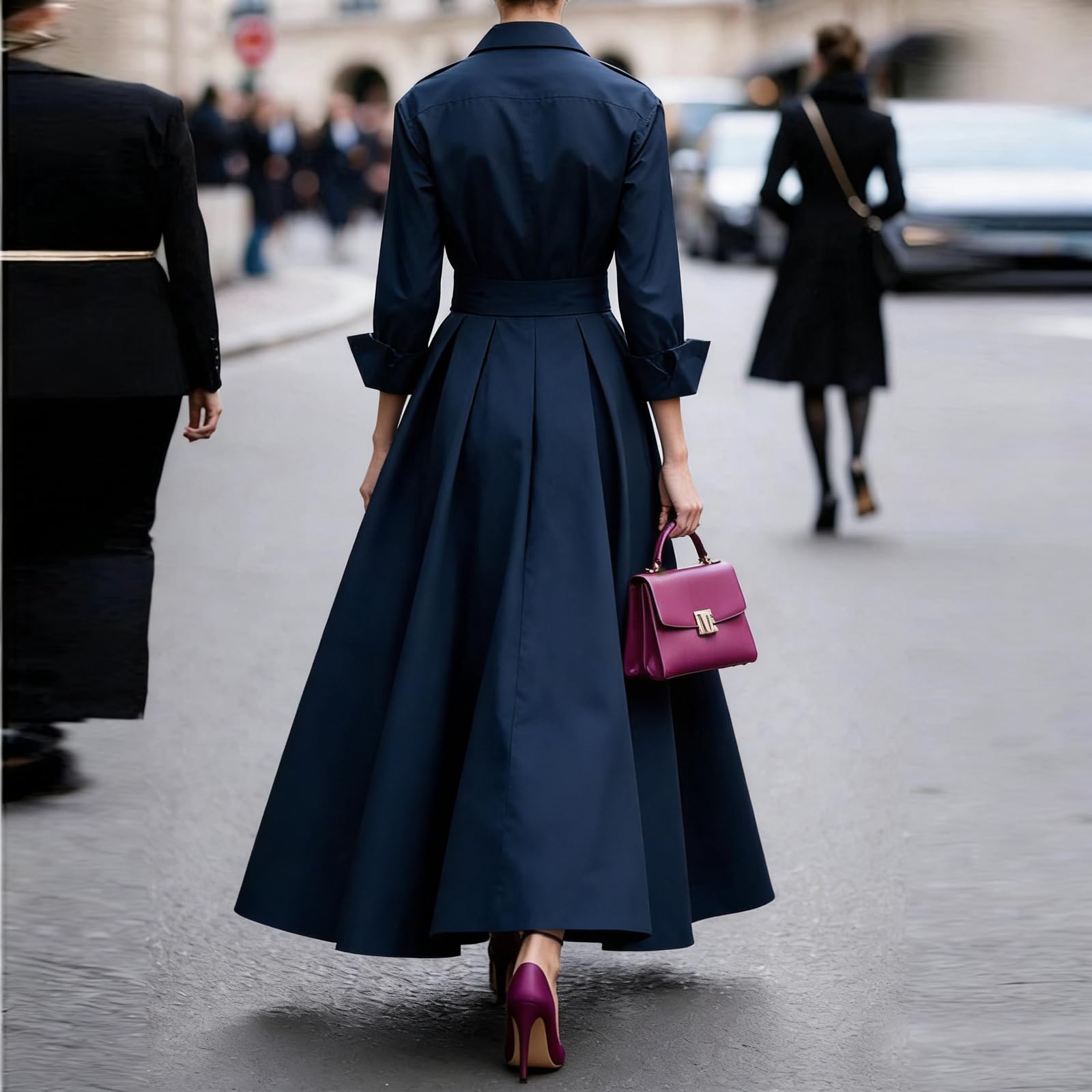 Generisch Winterkleider Damen Lang Blusenkleid Langarm Festlich Kleider Damen Business Hemdkleid mit Knopfleiste Maxi Kleid Schnürung Winterkleid Elegant Frühlingskleid Schwingen Damenkleider