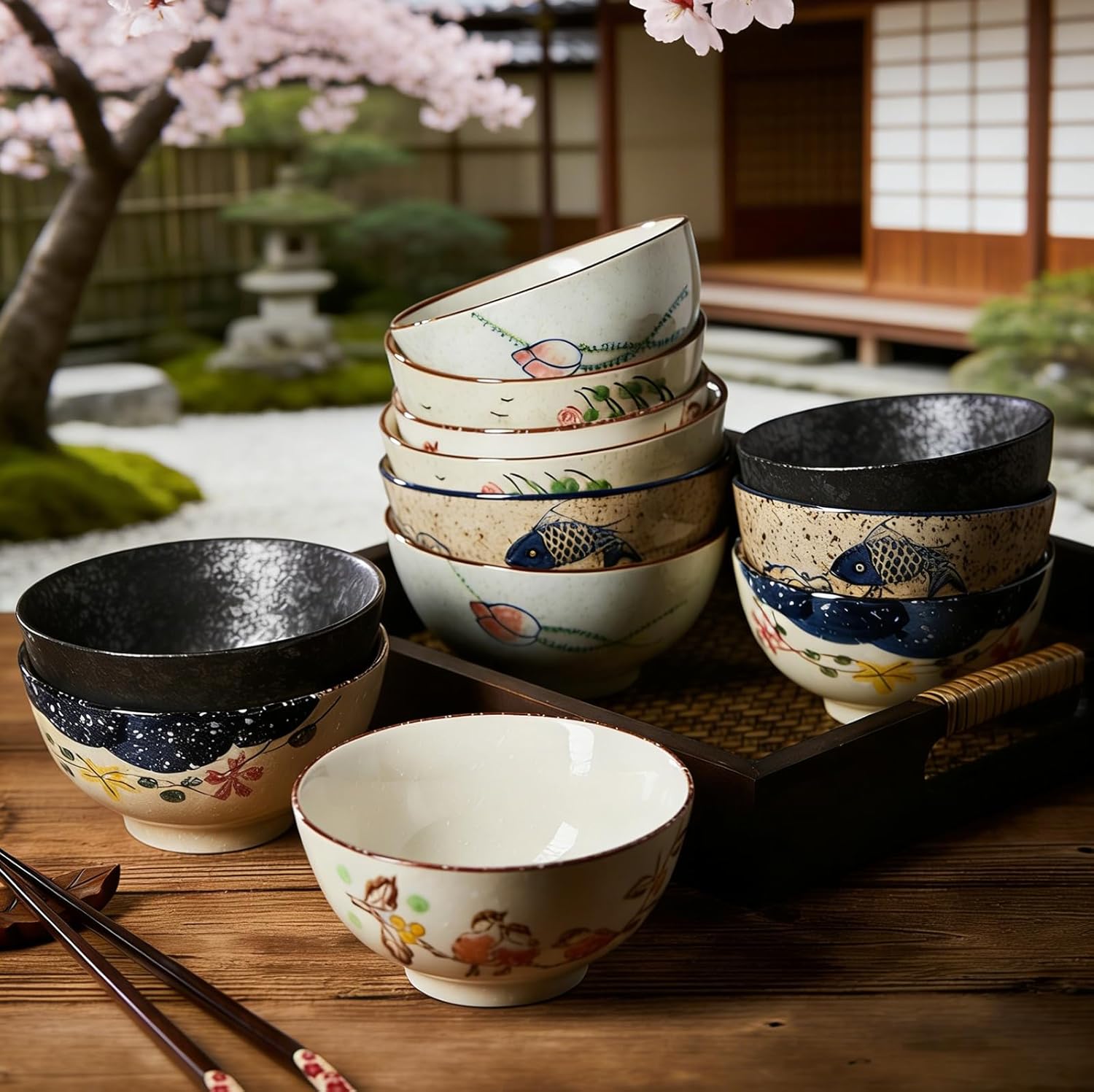 DAYUMKOU 6 Pack Decorative Ceramic Bowls, 4.5 Inch Retro Hand-Painted Chinese Bowls, 10 Oz Japanese Rice Bowls Set with 6 Spoons for Snack Ice Cream Noodles Rice Cereal Salad