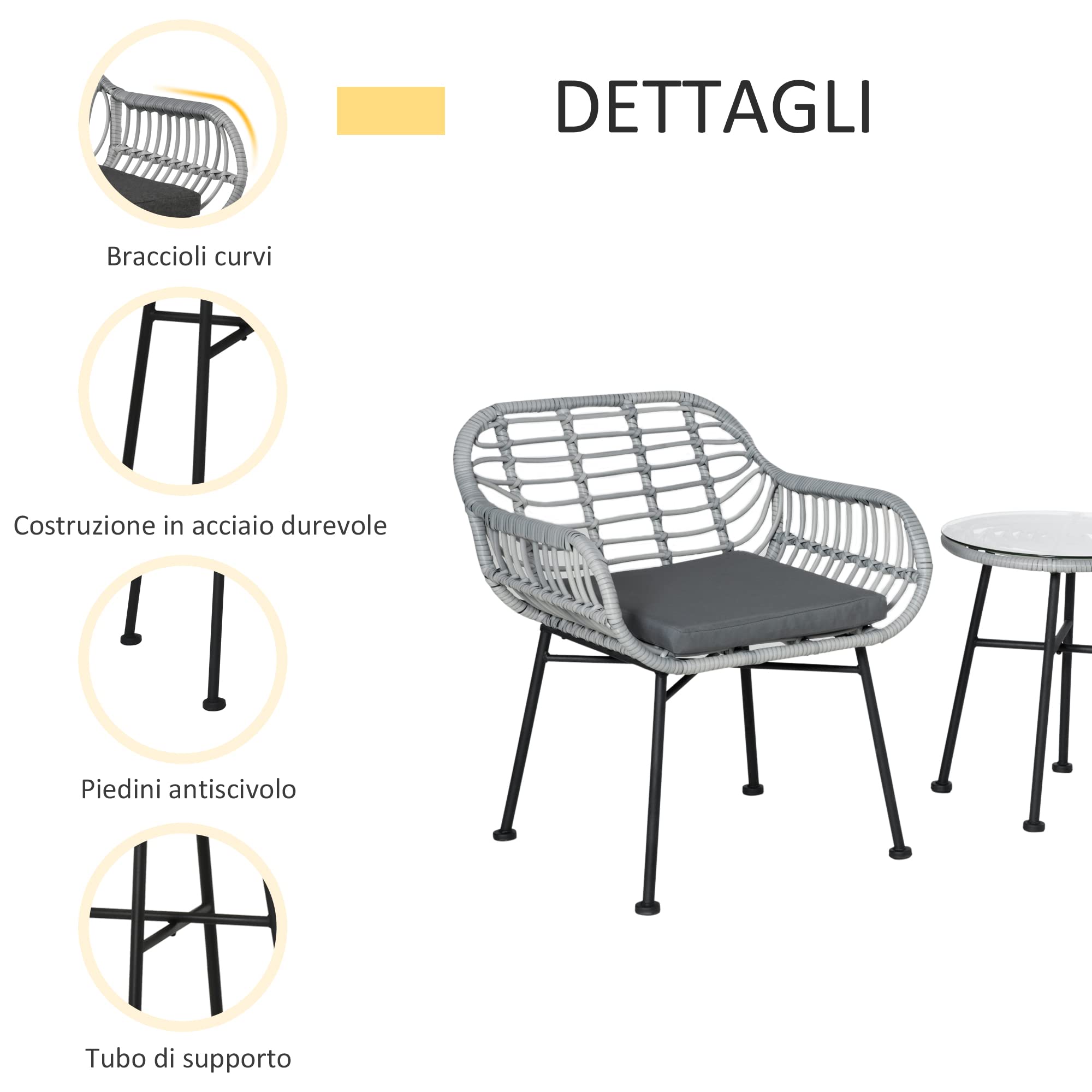 Outsunny Set Mobili da Giardino in Rattan PE 3 Pezzi, Salotto da Esterno con 2 Sedie e Tavolino in Vetro, Grigio