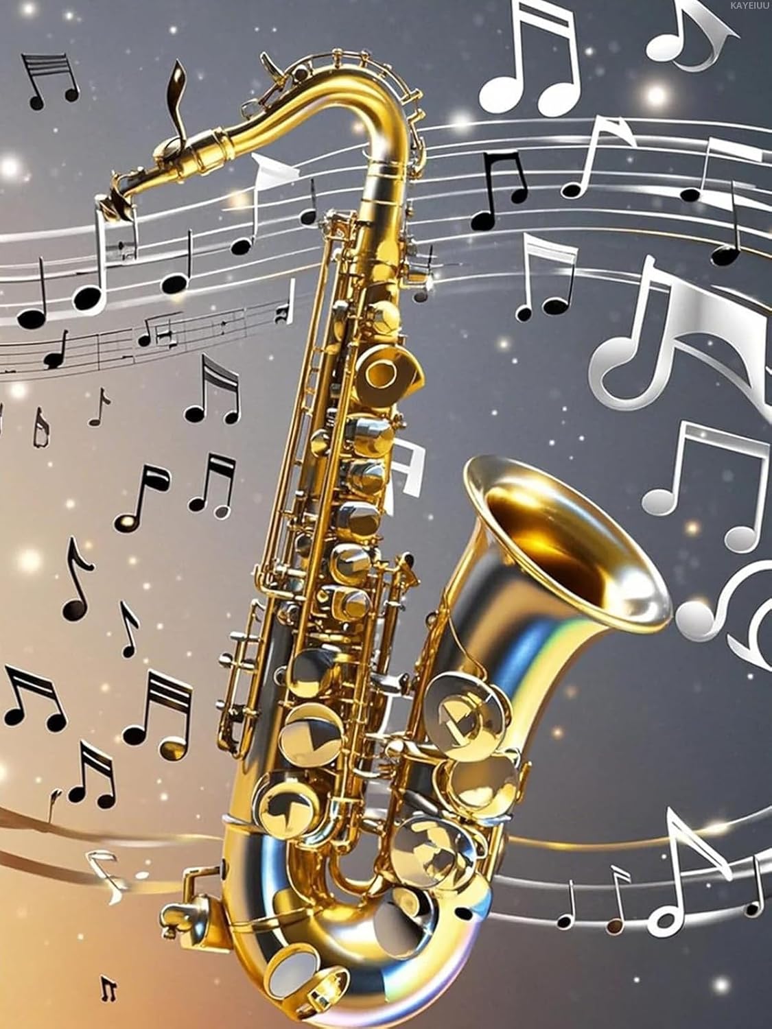 Diamond Painting Saxophone with Music Notes 5D Diamond Art DIY Kits Full Round Drill Beads by Number Mosaic Embroidery Arts and Crafts for Living Room Home Wall Decor 12x16 inch/30x40cm