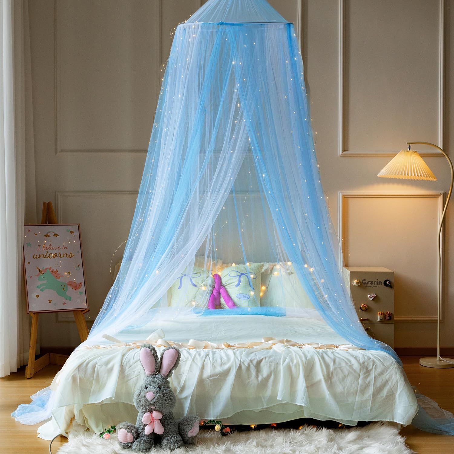 Princess White Blue Bed Canopy with Warm Fairy Lights for Girls Bed Net,Princess Canopy for Kids Bed Room
