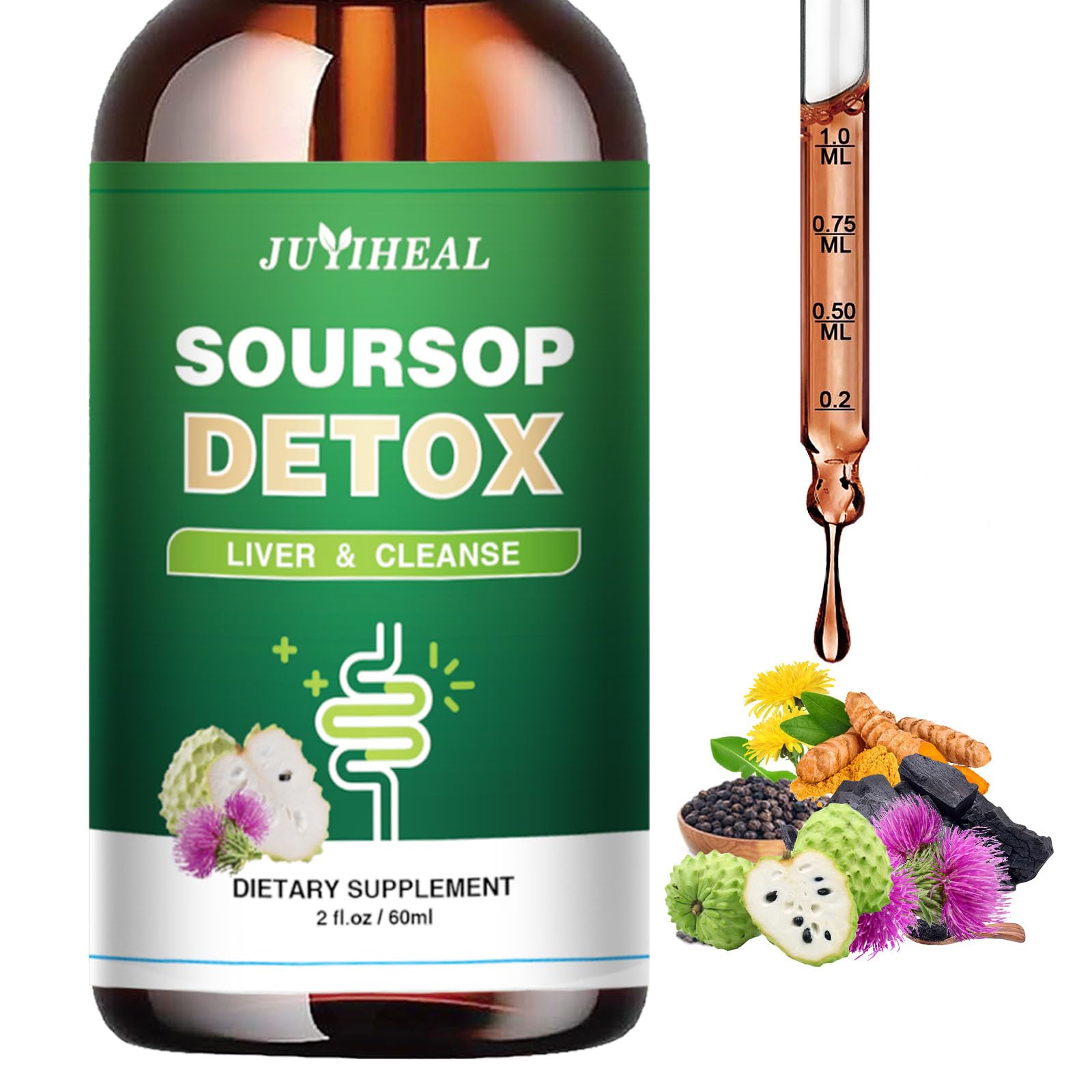 17-in-1 Soursop Detox Liquid Drop, 1900MG Soursop Bitters Liquid with Activated Charcoal, Zeolite & Bentonite Clay, Chlorella, Prebiotics for Liver Gut Digestive Toxin Detox Cleanse Immune Boost