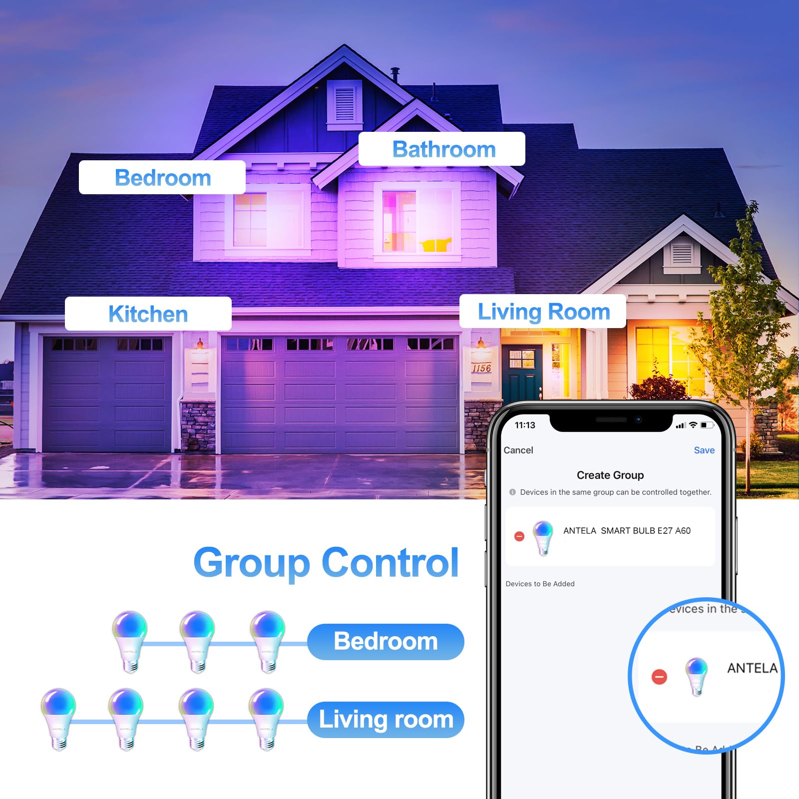 Alexa Glühbirne E27 7W 806LM ANTELA RGB 2700K-6500K Warmweiß Kaltweiß Licht Smart WLAN LED Dimmbare Birne Lampe, Kompatibel mit Google Home, Smart Life APP, 4 Stück