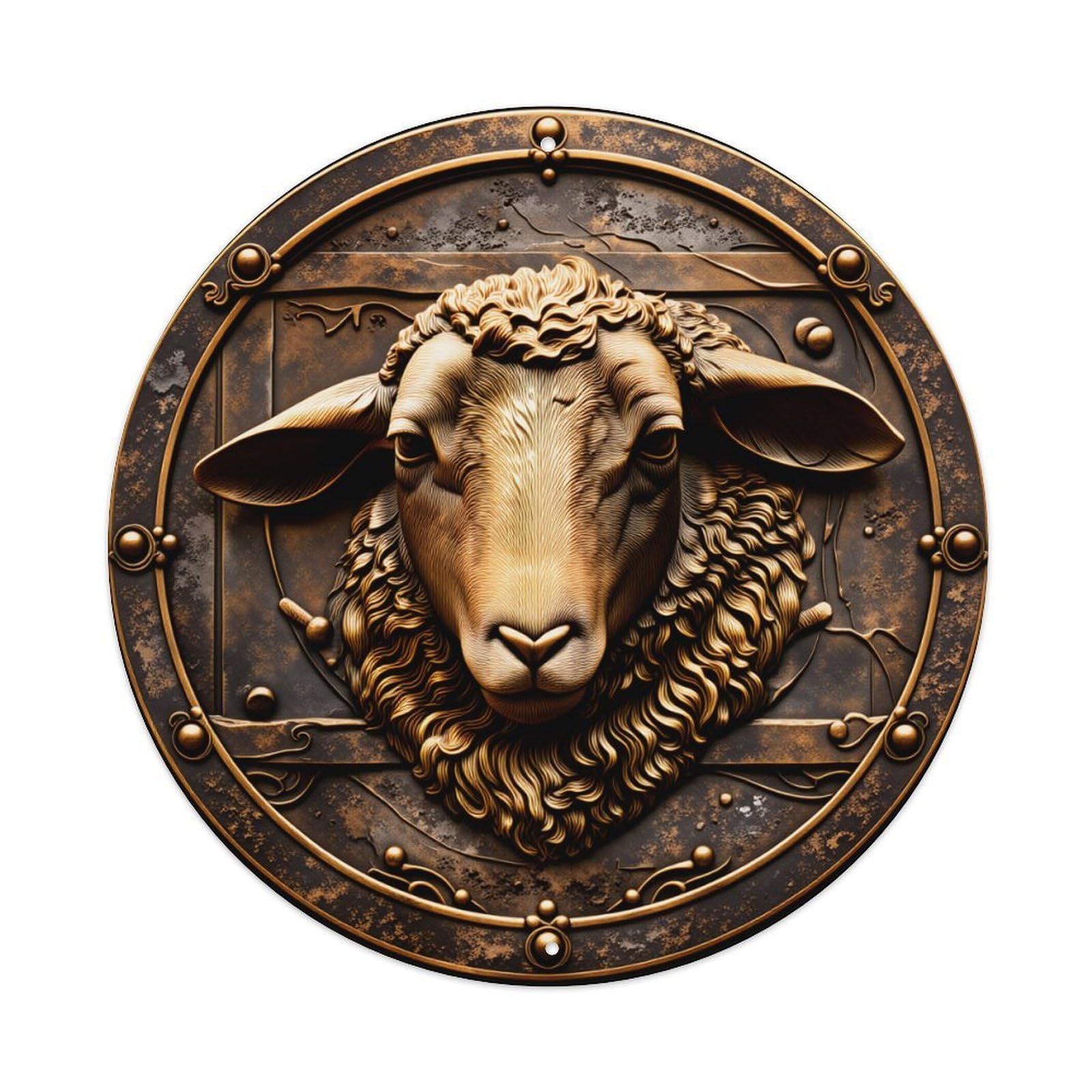 Bronze Sheep Relief Emblem Design Round Tin Sign Vintage Style Metal Sign Home Bar Garden Wall Plaque Decor Metal Poster 8x8 Inch