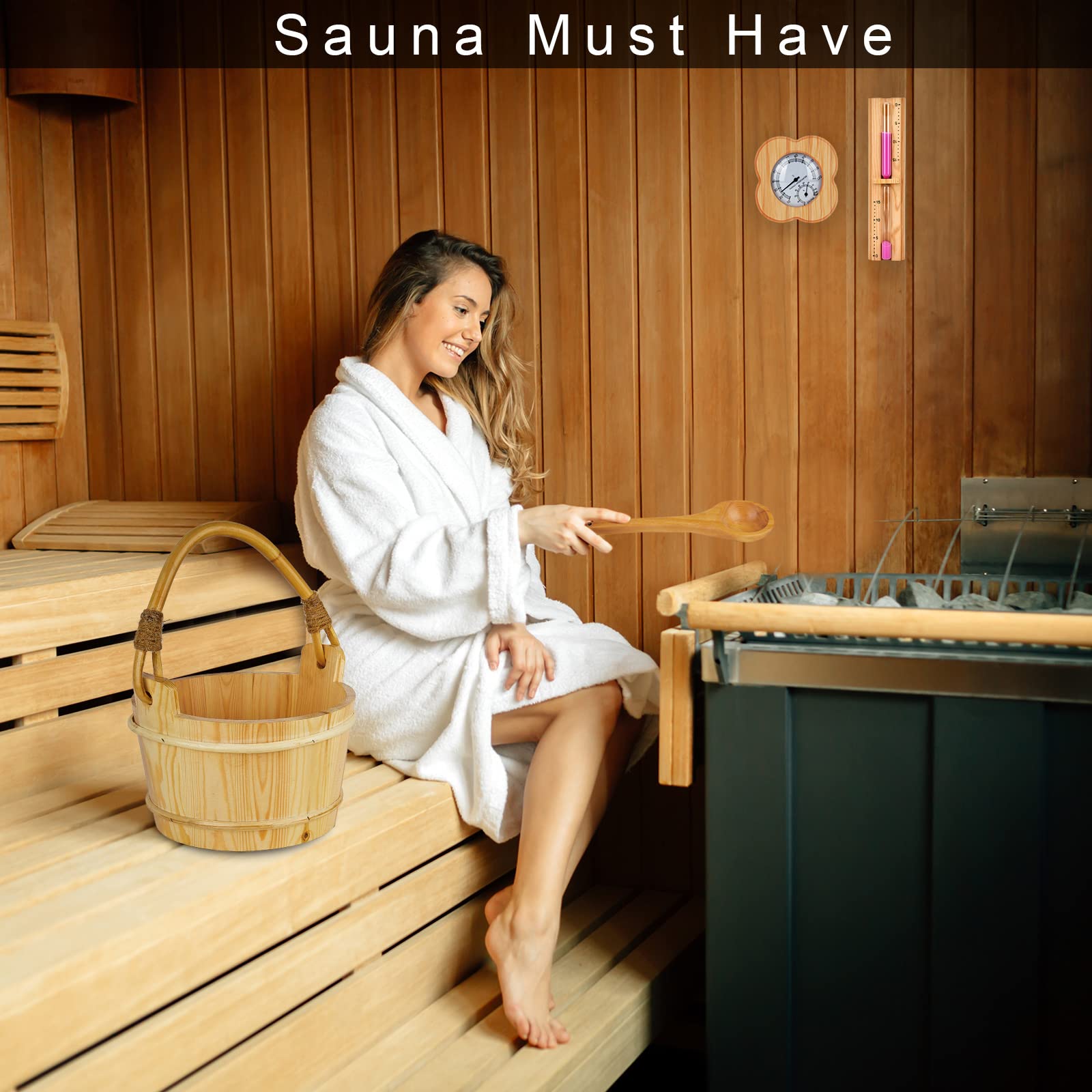 Seau en Bois pour Sauna Set avec Insert en PVC, Accessoires de Sauna de Haute Qualité - avec Louche, Sablier, Thermo-hygromètre - 4 Litres