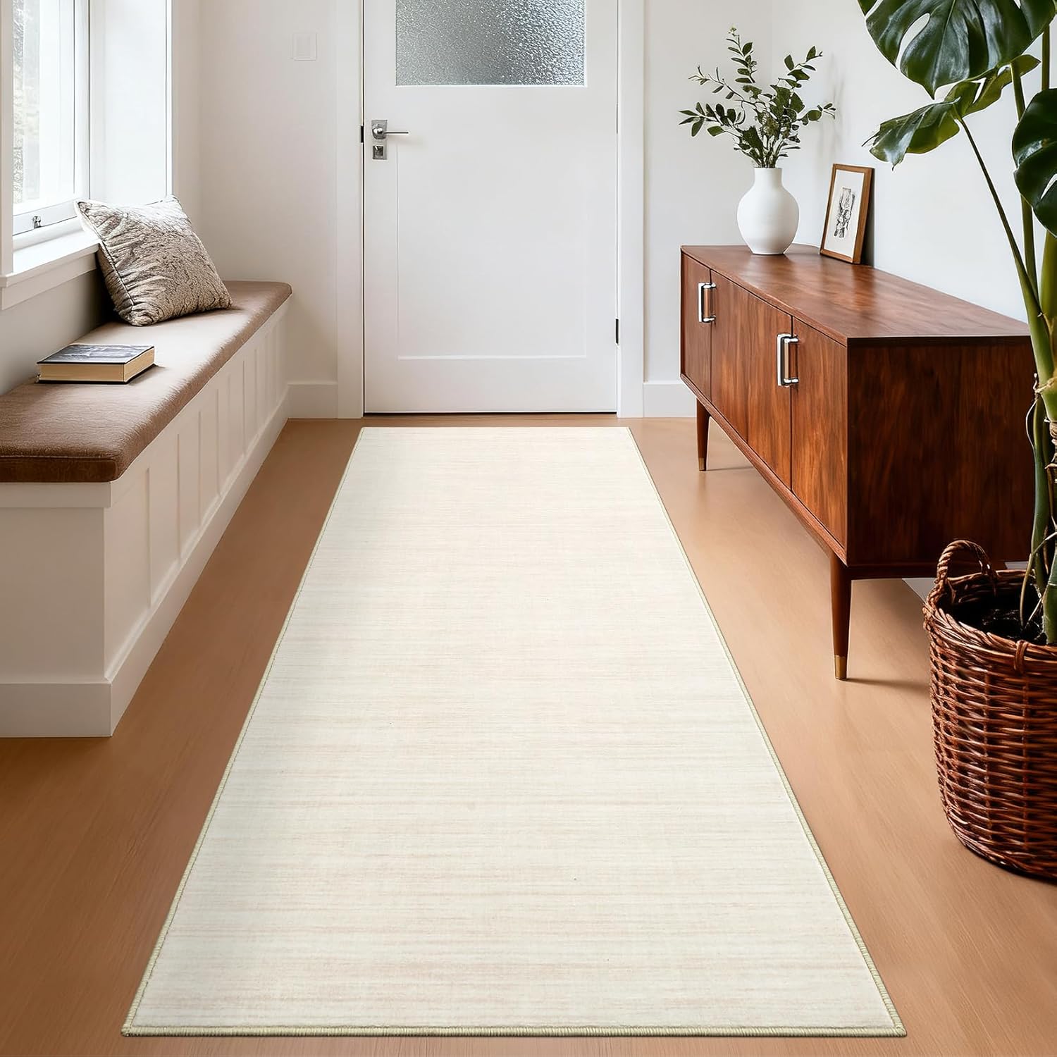 Washable Runner Rug 2x6 Modern Solid Color Kitchen Runner Mat Minimalist Plain Long Runner Rug for Entryway Bedroom Bedside Non Slip Low Pile Boho Accent Solid Runner Rugs for Nursery, Ivory Ivory 2' x 6' (Runner)