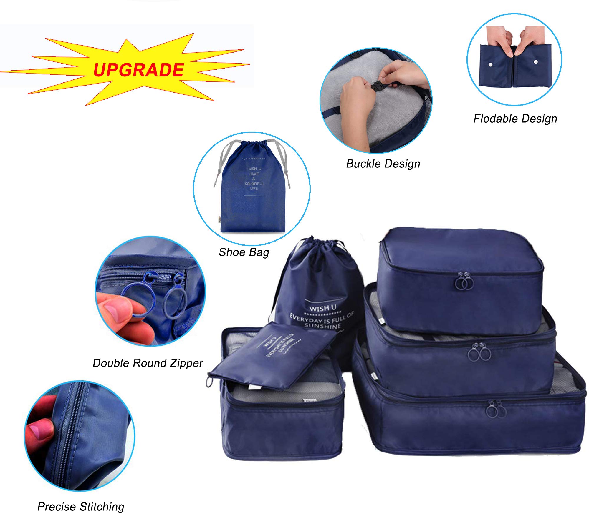 Lightweight 6 Pcs Packing Cubes System, Travel Storage Packing Organizers Laundry Bags Compression Pouches for Luggage (Upgraded Navyblue)