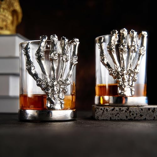 Miniatura 4 de Vaso de cristal de whisky de esqueleto, juego de 2, vasos de esqueleto de Halloween de 10 onzas de 4.3 pulgadas de alto, regalos góticos, regalos de