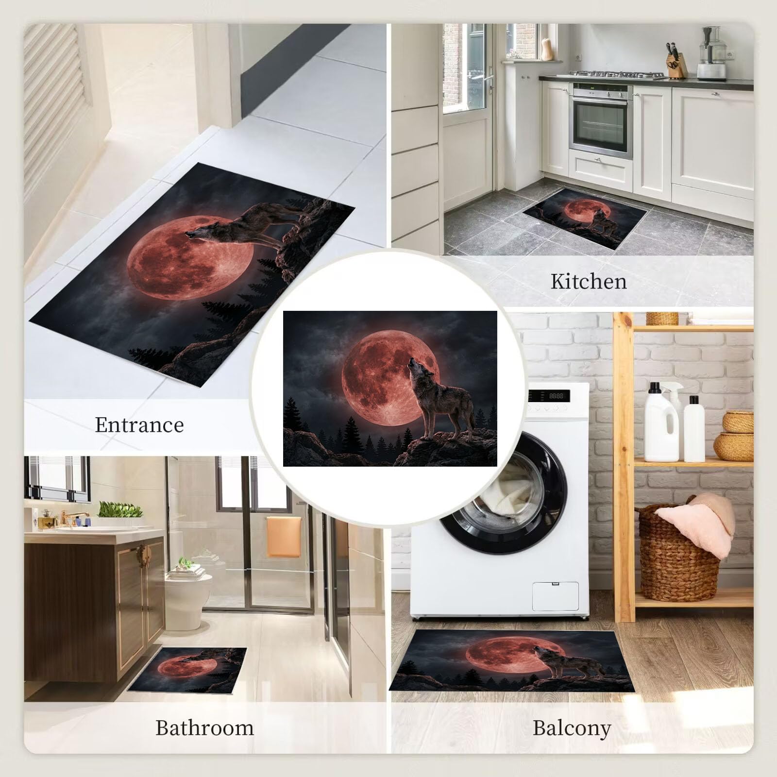 Zerbino Ingresso Interno Cielo Notturno Gotico Luna Sangue, Zerbino Di Benvenuto Lavabile Morbida Lupo Selvatico Animale, Antiscivolo Tappeto Da Decorazioni Antracite Per Casa Porta, 60X90Cm
