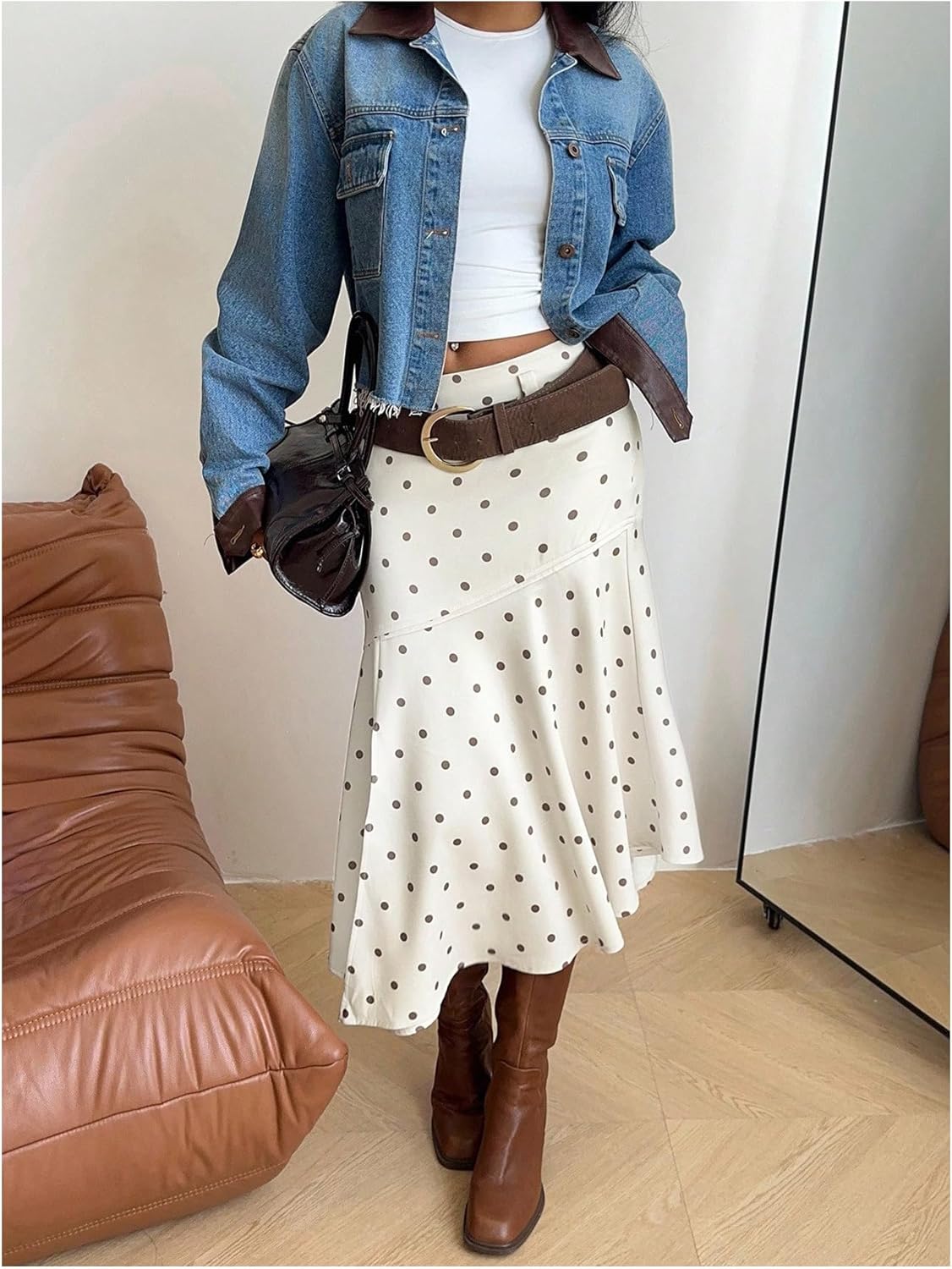 MakeMeChic Women's Polka Dots Midi Skirt Low Waist Asymmetrical Hem Ruffle Summer Skirts