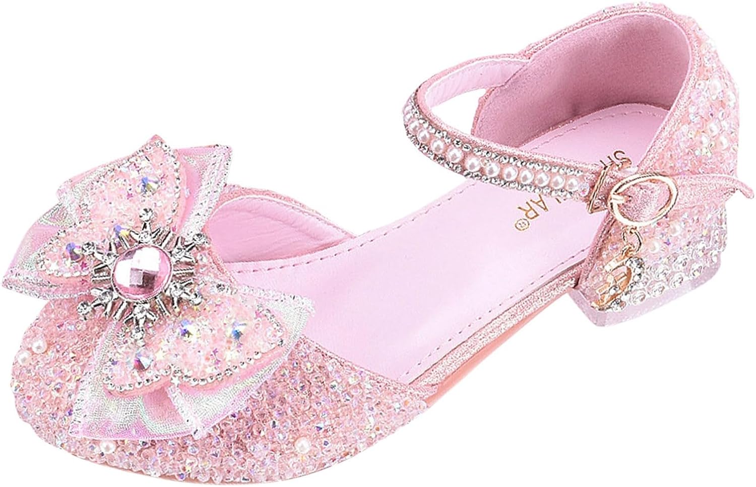 Girl Low Heel Mary Jane Rhinestones Shoes Crystal Bow Sandals Girls Dress Shoes for Church Wedding Party