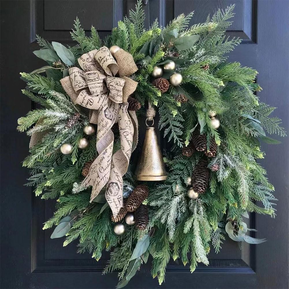 Starnearby Couronne de Noël Porte Artificielle avec Pommes de Pin et Poinsettia, Couronne de Noel Lumineuse LED, Guirlande de Noël, Couronne Noel Porte Lumineuse, Décoration de Noël (H-60 cm)