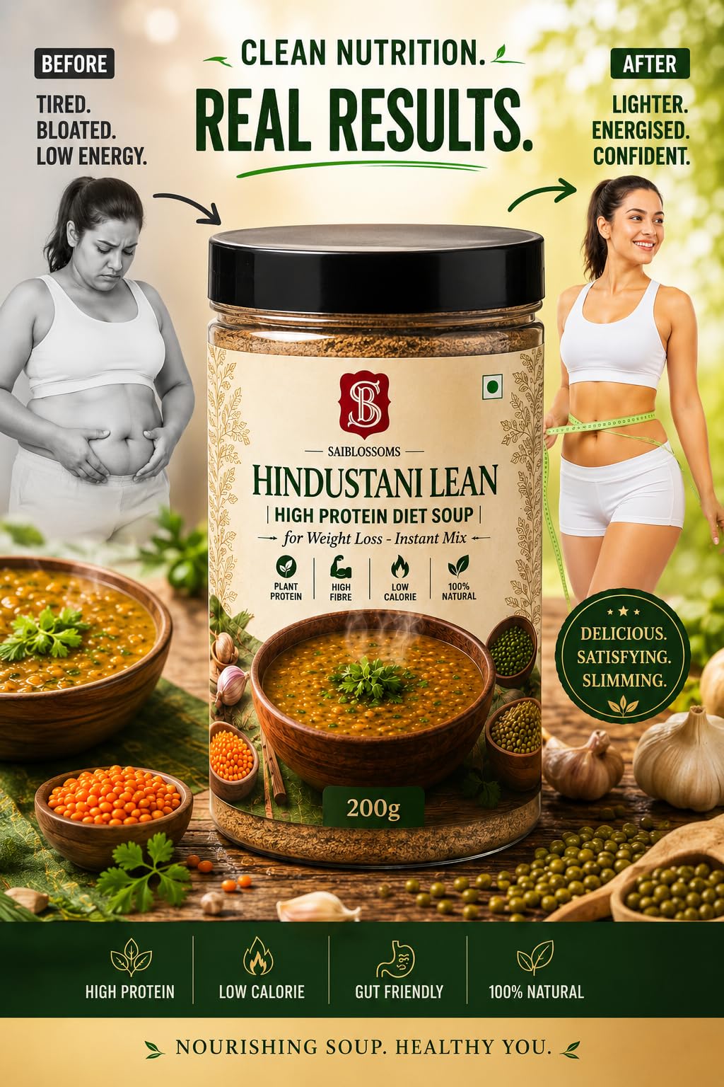 SaiBlossoms Hindustani Lean Slimming Soup Mix 200g | High Protein & High Fibre Instant Soup | Low Calorie Weight Management Soup | Gut Friendly | Plant Protein | No Added Preservatives | 100% Vegetarian-image-14