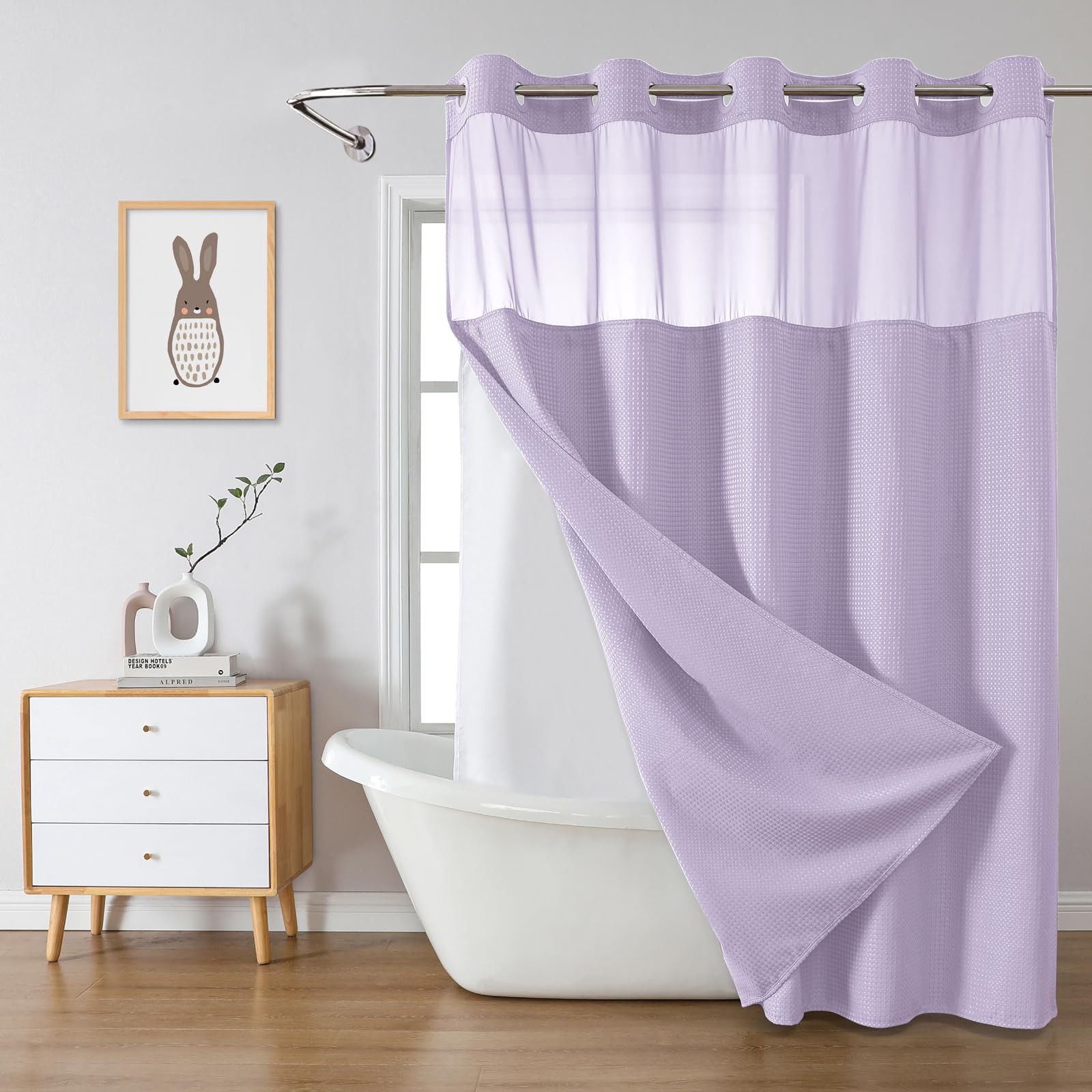 eachope Lavender No Hook Waffle Weave Shower Curtain with snap-in Liner Replacement, 230GSM Waterproof Fabric Hotel Shower Curtain Set for Bathroom,