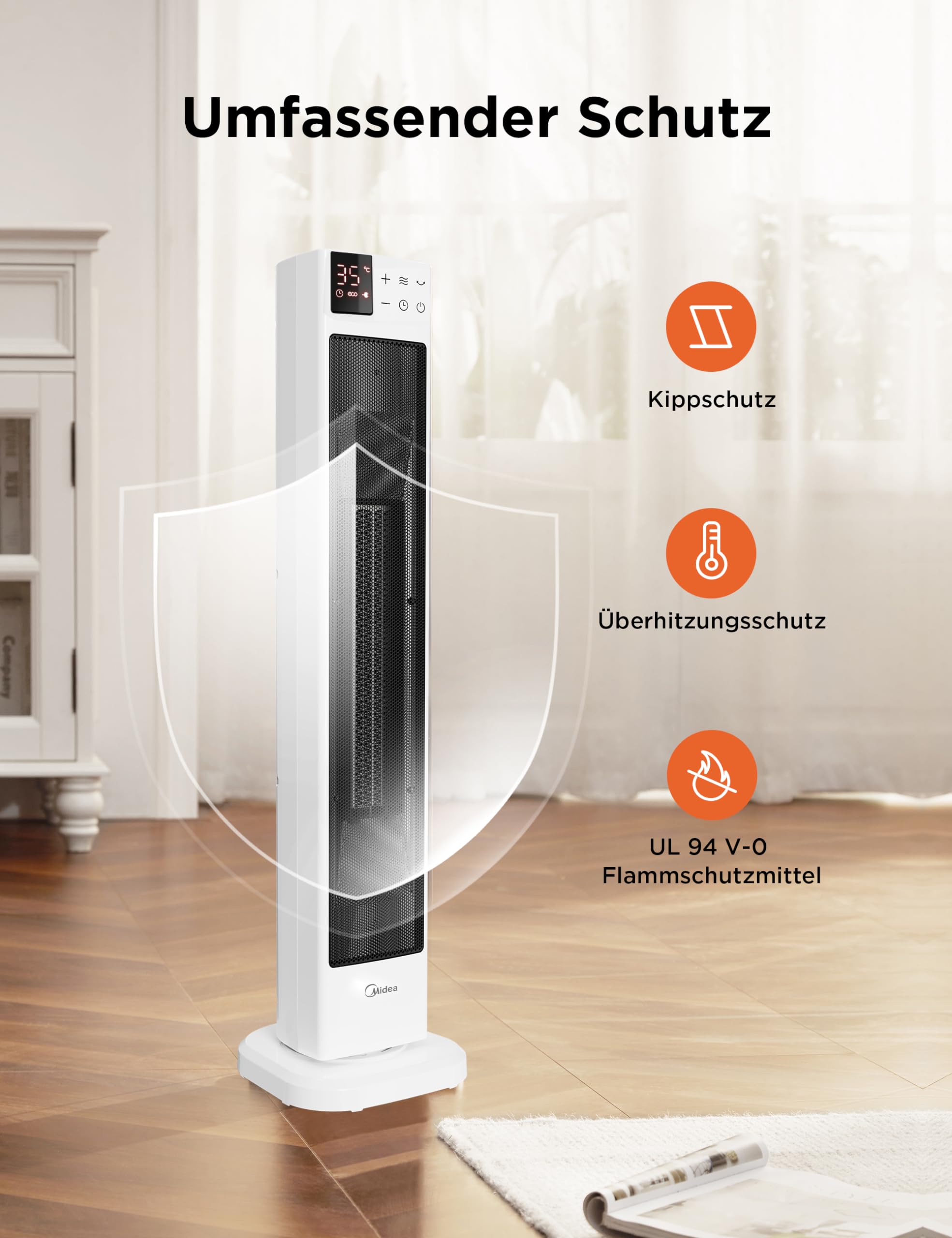 Midea NTH20-22GR(WH) - Termoventilatore a risparmio energetico, silenzioso, con telecomando, PTC, 2000 Watt, termostato, 2 livelli di calore, timer 24 ore, modalità ECO, per grandi ambienti