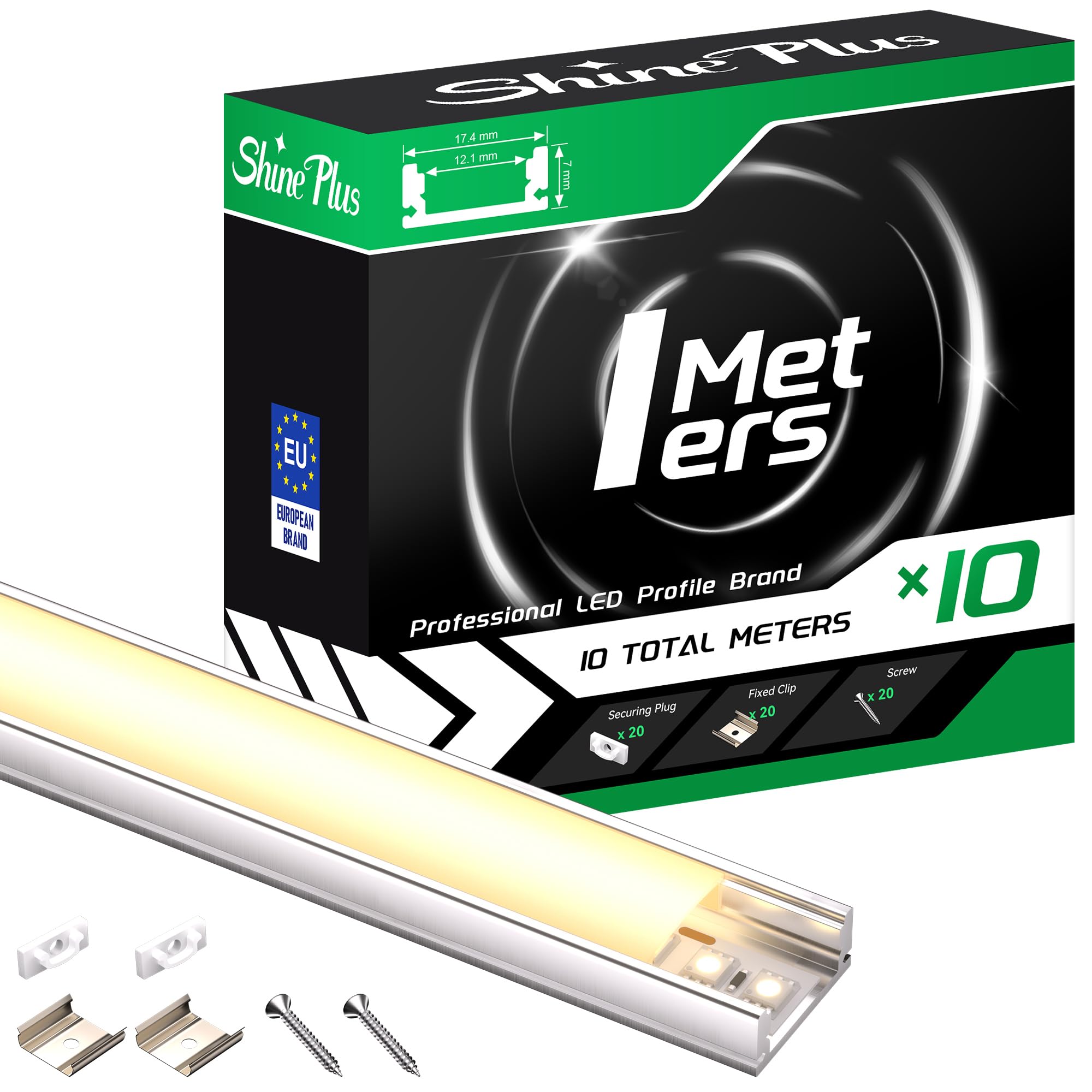 Shine Plus 10 x LED Profile 1 m with Milky Light Diffuser - Rail, LED Aluminium Profile U Shape Dimensions 17.4 mm x 7 mm, Suitable for LED Strips with a Width of up to 12.4 mm