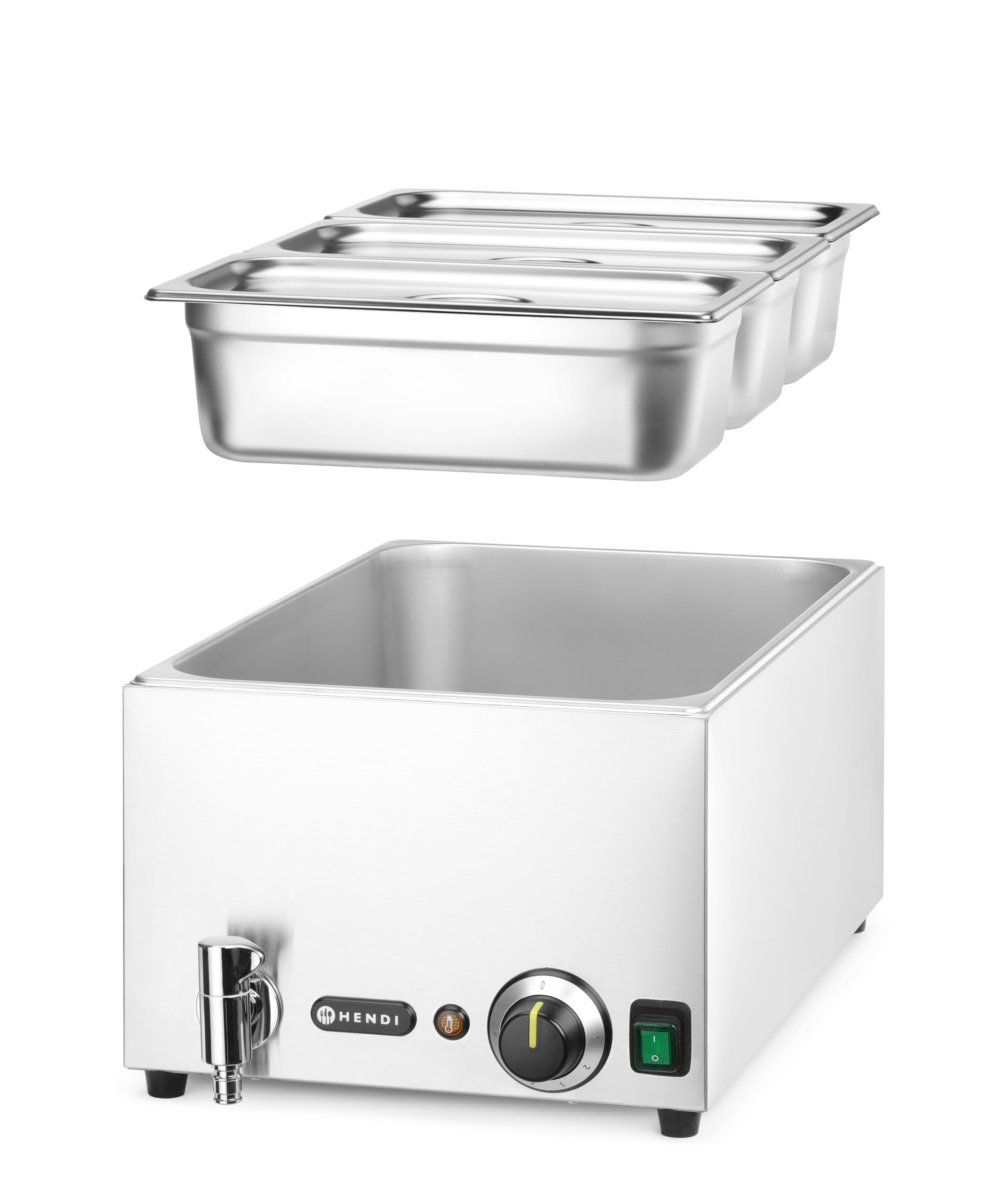 HENDI Bain-Marie mit Ablasshahn Set, mit 3x GN1/3 Behälter und Deckel, Temperaturbereich: 30° bis 85°C, 6 Heizstufen, Speisenwärmer, Buffetwärmer, GN1/1, 230V/1000W, 604x332x(H)242mm, Edeltahl