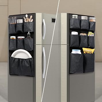 Mini Fridge Caddy Organizer Storage Bag, Over The Fridge Storage Organizer | 15 Extra Large Fabric Pockets for Plate, Silverware, Spice, Cutlery, Napkins, Other Daily Stuff (65 x 12.6 Black)