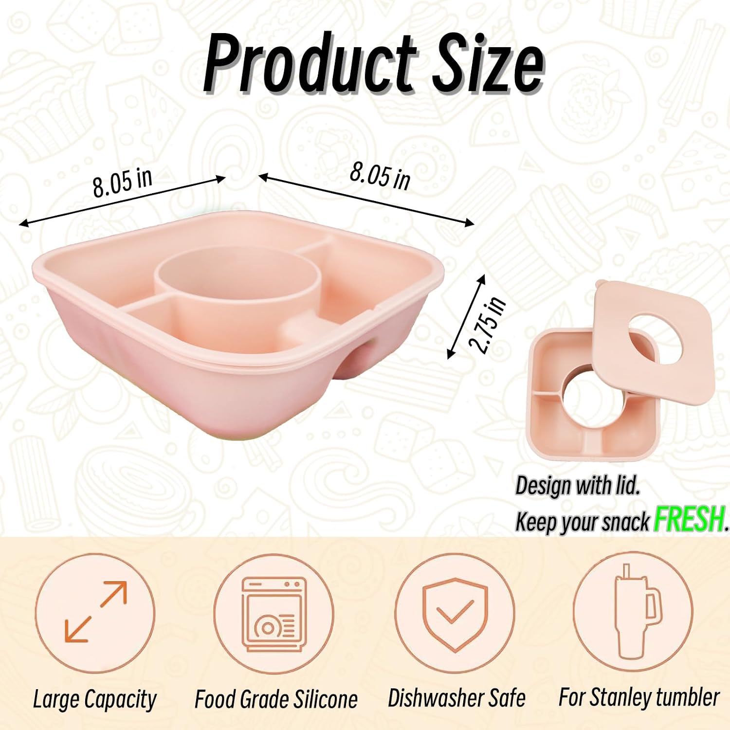 Snack Bowl for Stanley Cup 40 oz Tumbler Snack Tray Reusable Snacks Holder with Lid, Silicone Snack Trays for Stanley Cup Accessories (Light Pink)