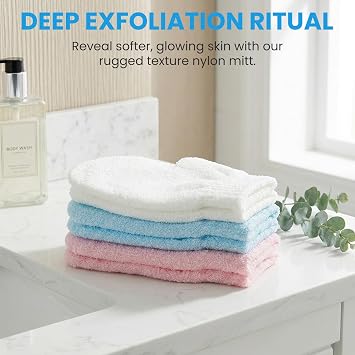 Exfoliating Gloves 6PCS, Bath and Body Exfoliating Gloves, Wash Gloves for Body, Removes Ingrown Hairs and Dead Skin Cells, Suitable for Shower, Massage, SPA(White+Blue+Pink)