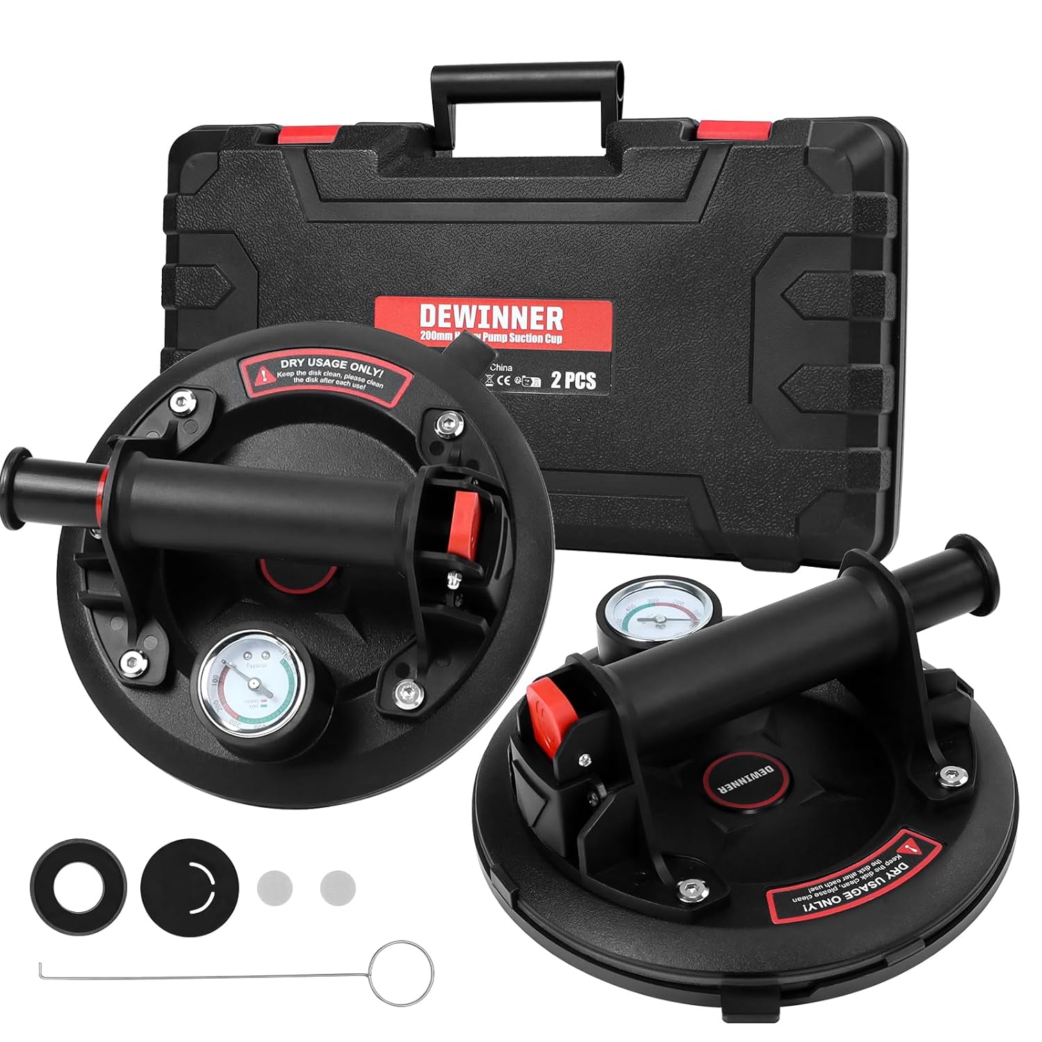 DEWINNER 2-Pack 8" Glass Suction Cups with Pressure Gauge - Heavy Duty Handheld Glass Lifter with 660 lbs Load Capacity for Tile Marble, Industrial Strength Vacuum Suction Cup Lifter Black