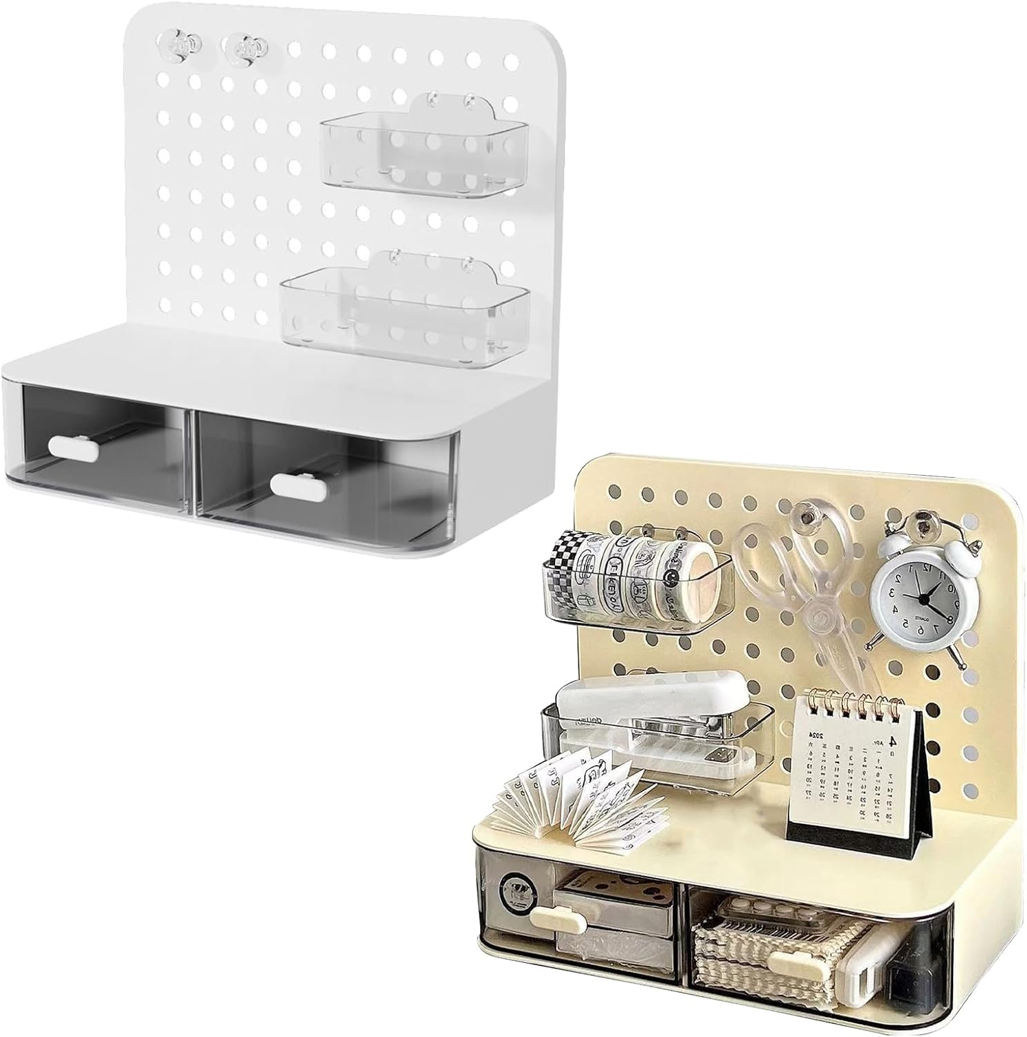 Multifunctional Pegboard Storage Rack with 2 Drawer Easy to Assemble Space Saving Desk Organizers for Kitchen Bathroom Home Organization Tool