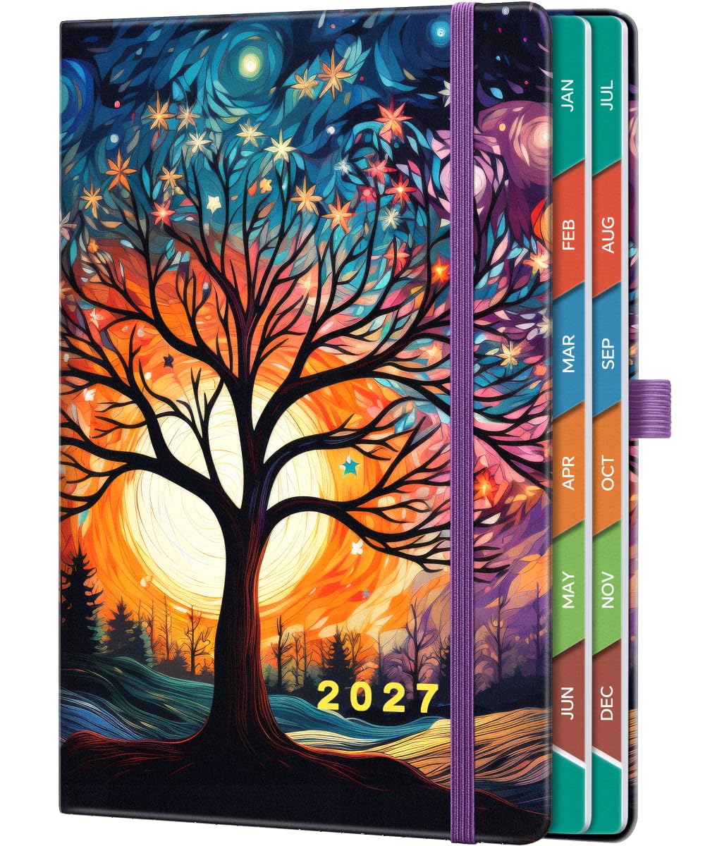 2027 Diary A5 Page a Day, Jan–Dec 2027 Daily Planner, 400 Pages, 5.9" x 8.5", UK Holidays, Monthly Tabs, Pen & Inner Pocket, Nature Art Cover - Golden Twilight Tree