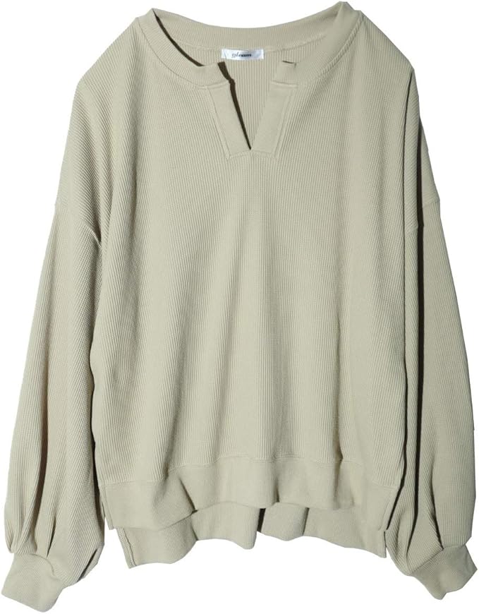 Amazon カットソー レディース ワッフル キーネック Tシャツ 長袖 ゆったり スリット ボリュームスリーブ バルーンスリーブ トップス 綿 Tシャツ カットソー 通販