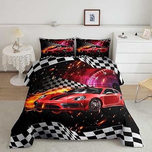 Miniatura 9 de Juego de edredón de coche de carreras para niños y niñas, edredón de coche deportivo de velocidad, tamaño matrimonial, juego de ropa de cama de
