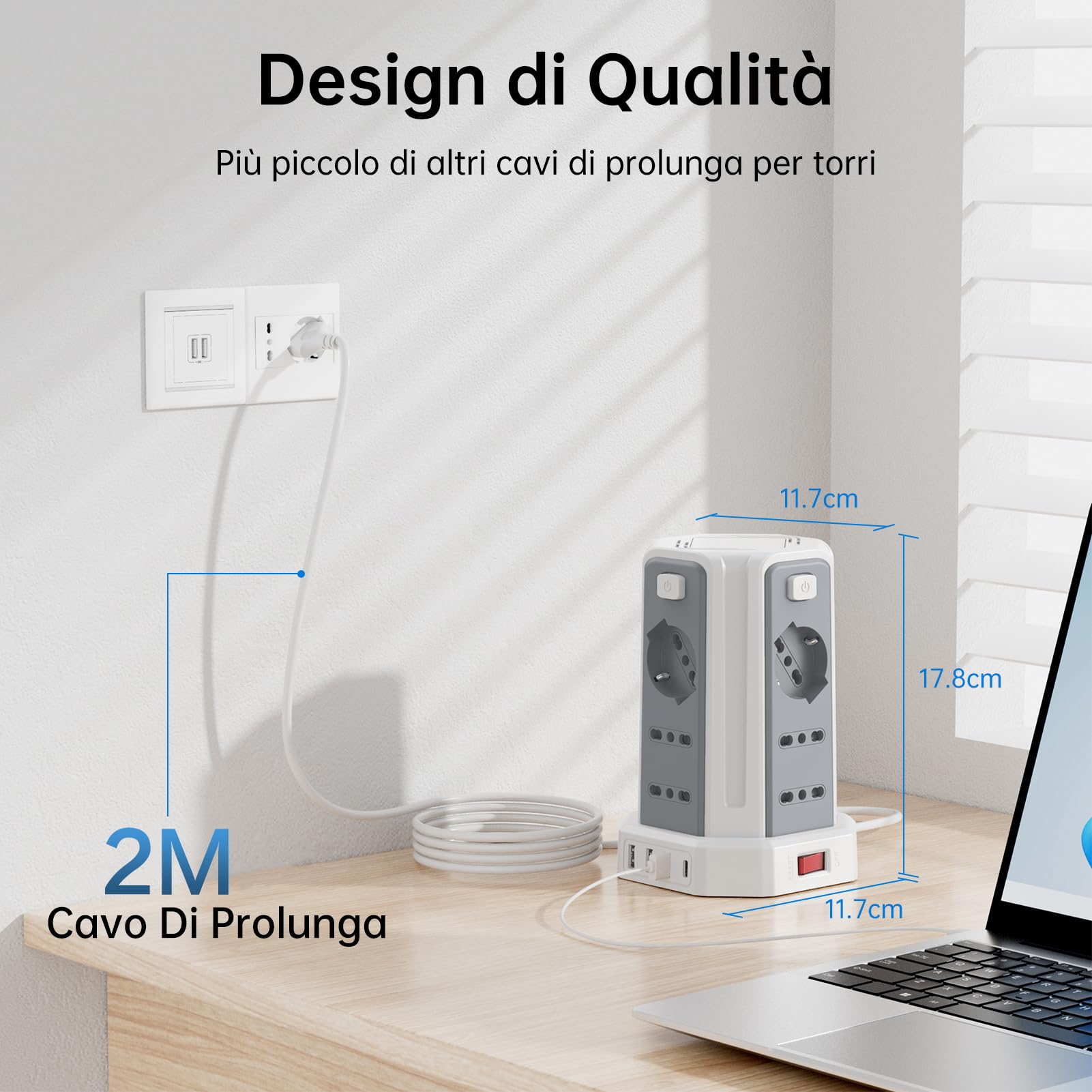 Ciabatta Elettrica Multipresa 2 metro con 12 Prese Universali 10/16A ITA e Schuko e 3 USB A+1 USB C protezione Sovratensione con 4 interruttori indipendenti, Bianco