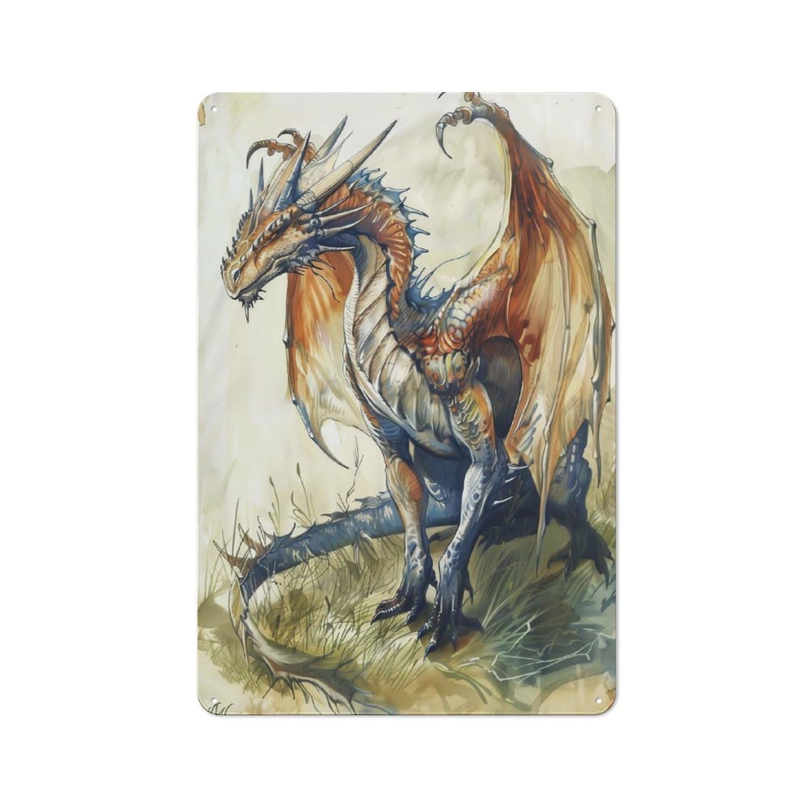 Simple Retro Tin Sign 30x20cm Featuring Mystical Dragon Sketch, Studio Wall Plaque for Office, Study, Studio Or Hallway