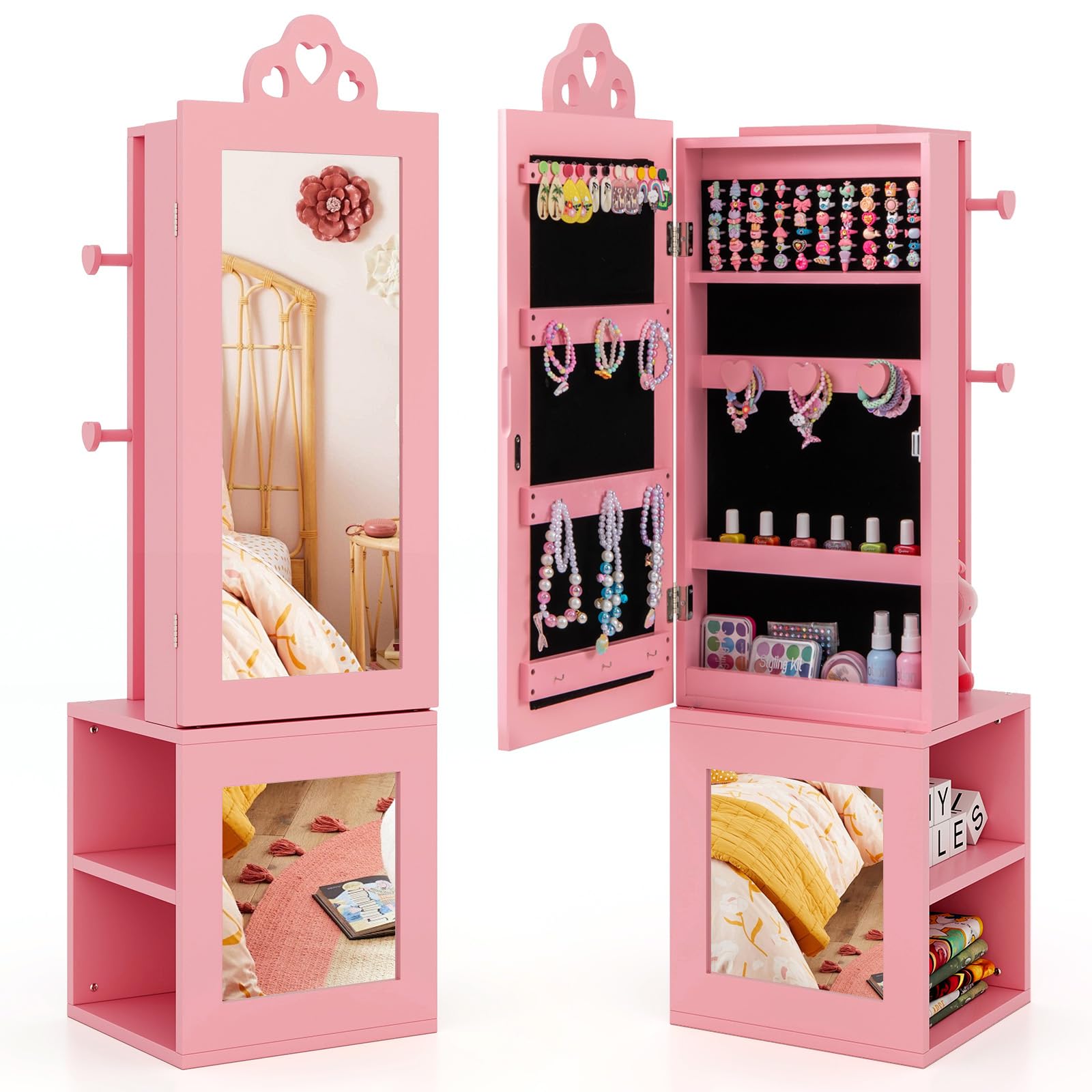GYMAX Armadio per Gioielli per Bambini con Specchio a Figura Intera, Portagioie Bambina con Anti-ribaltamento, per Cameretta e Sala Giochi, 34 x 30 x 117 cm (Rosa)