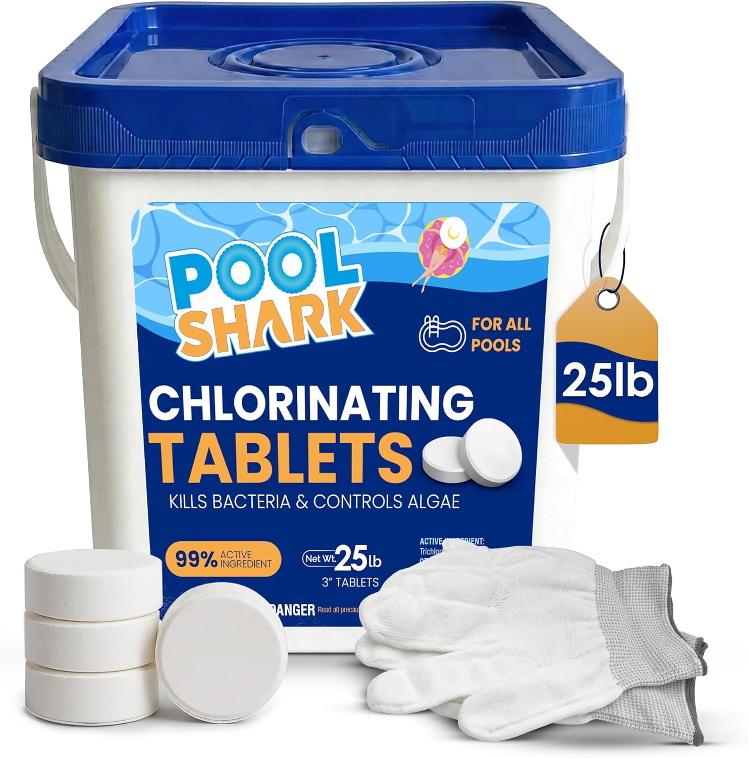 Pool Shark Swimming Pool Chlorine Tablets | 3-Inch Chlorine Tablets | 25 lbs | Slow-Dissolving 90% Active Chlorine Tabs | Pool Chemicals for Inground Pools, Above Ground Pools, Saltwater, Spa, Hot Tub