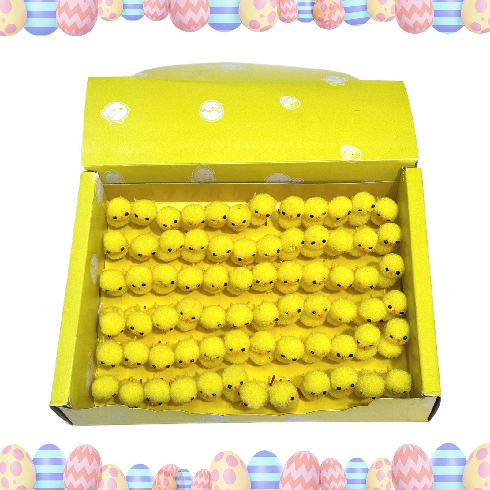 Easter Chicks - 1.2 Inch Plush Chicken Decorations (Pack of 72) | Cute Fuzzy Yellow Peeps with Beaks & Eyes, Mini Easter Basket Stuffers for Photo Props, Home and Crafts