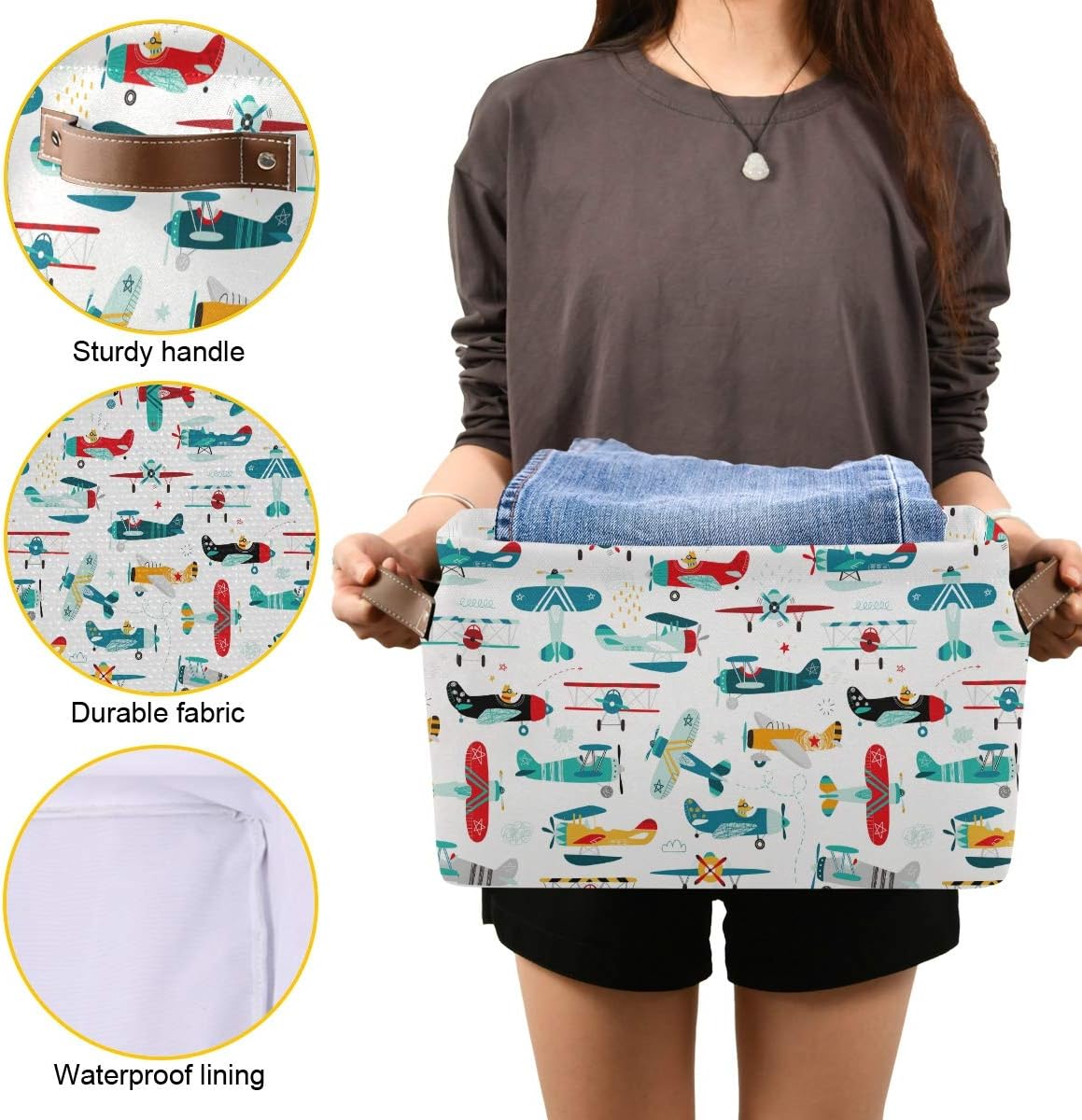 Storage Basket Cube Cartoon Airplane Helicopter Large Collapsible Toys Storage Box Bin Laundry Organizer for Closet Shelf Nursery Kids Bedroom,15x11x9.5 in,2 Pack