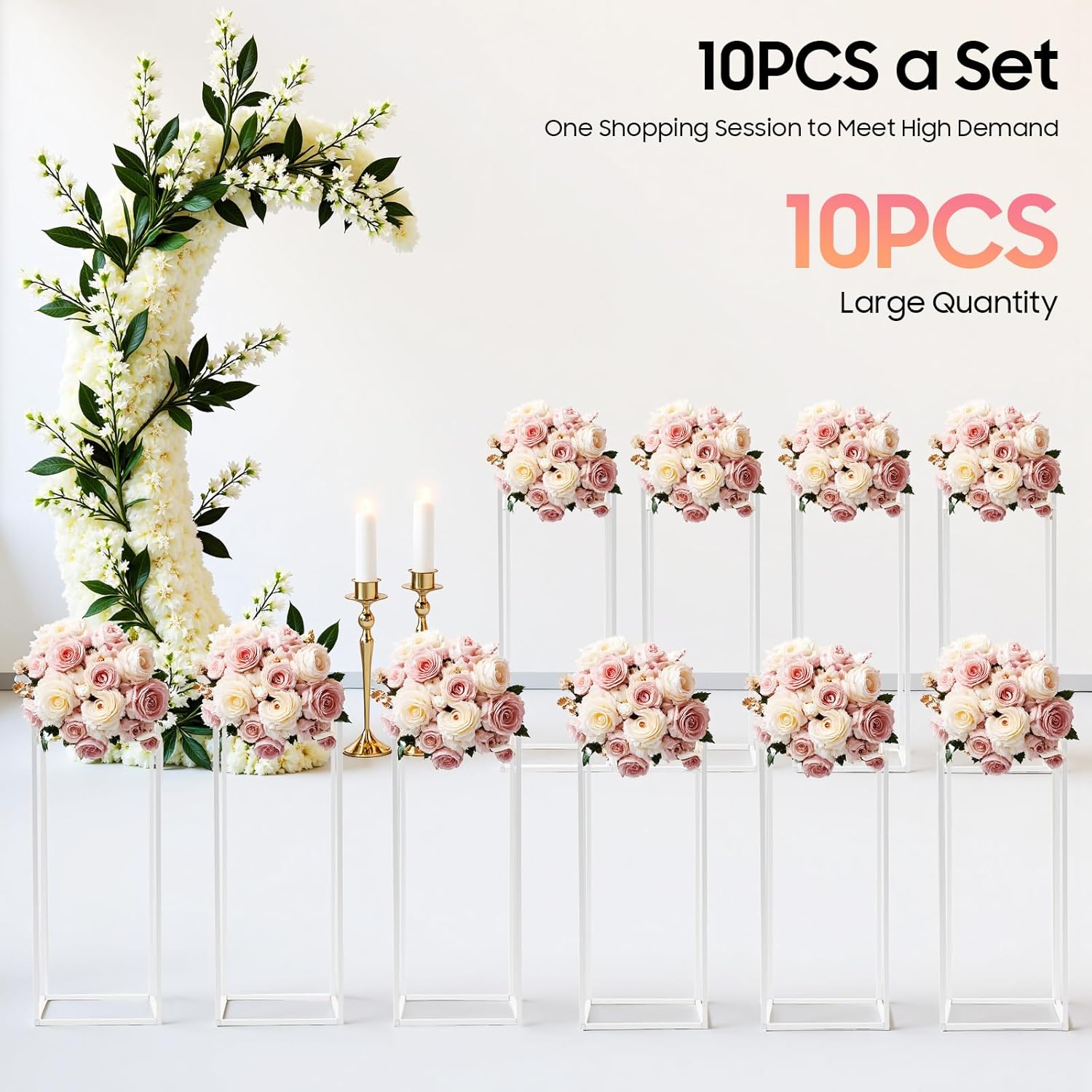 10 Pcs Wedding Flower Stand Metal Geometric Table Centerpiece Flower Vase White Column Stand Rectangular Flower Display Rack for Event Party Home Decor(White, 60cm)