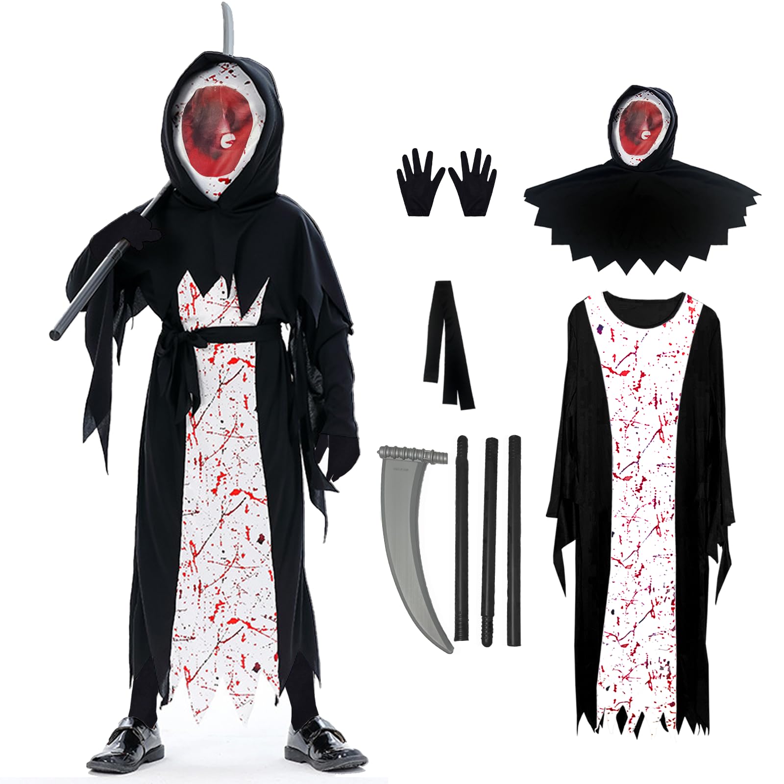JINGTOPS Disfraz Halloween Niño,Disfraz Ghostface con Guadaña de Muerte,Disfraz Diablo Niño Disfraz Parca,Disfraz Miedo Niño,para Fiesta de Halloween,Unisex Disfraz Grim Reaper