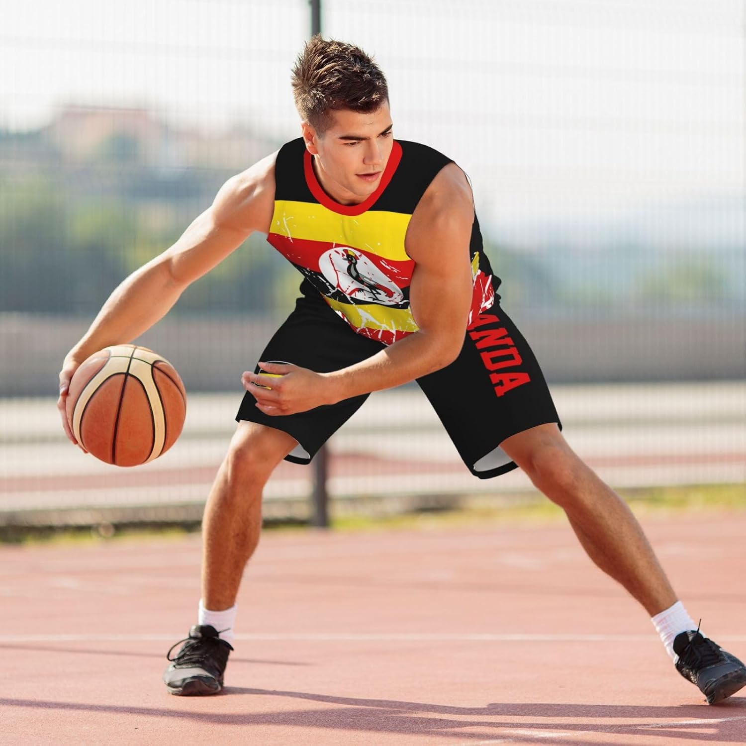 Uganda Flag Grain (2) Basketball Jersey Uniform Suit for Men Adults Training Athletic Set