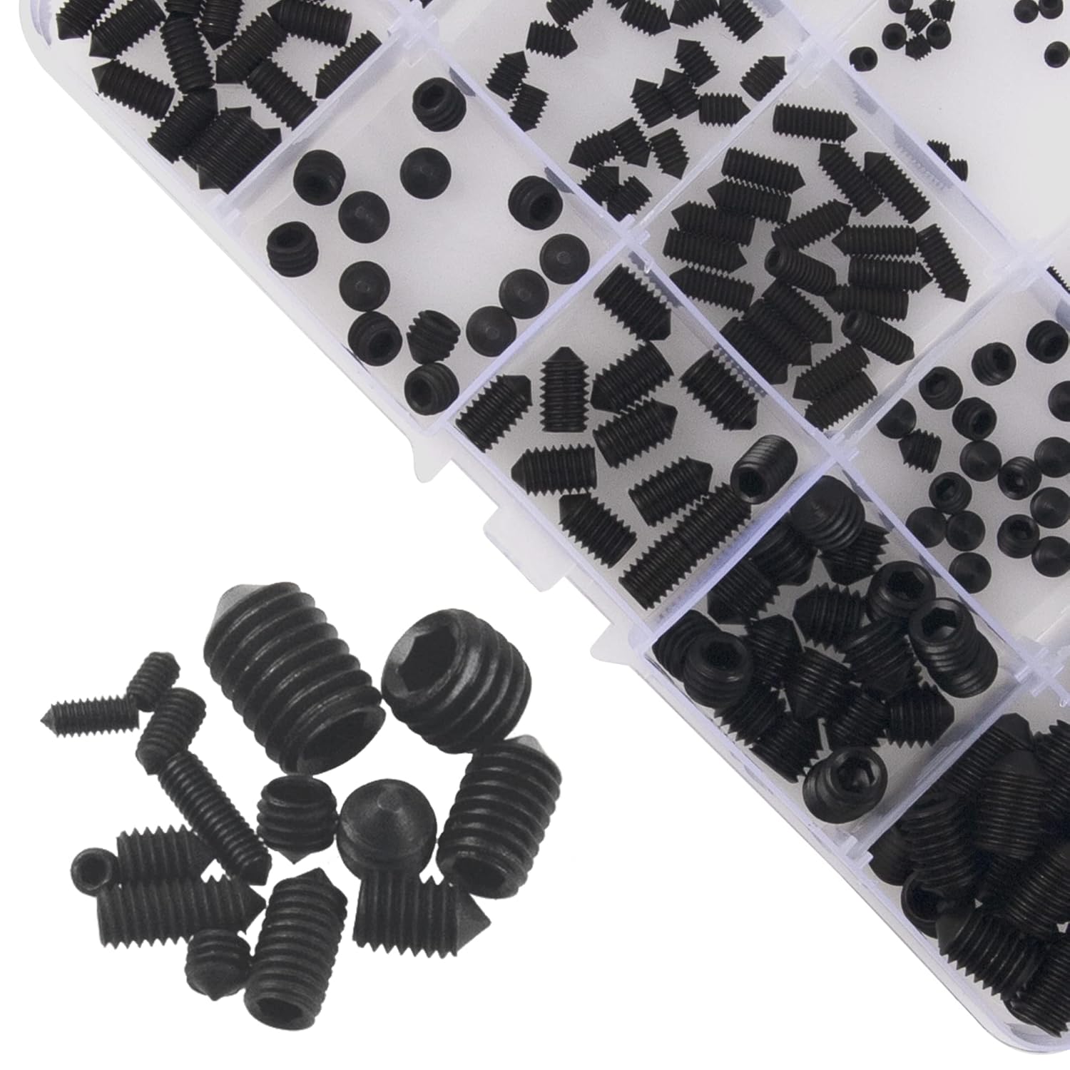 300Pcs Internal Hex Drive Cup-Point Screws Assortment Kit, 12.9 Class Alloy Steel Set Screw Metric 15 Sizes M2.5/3/4/5/6/8 for Light Fixture Faucet